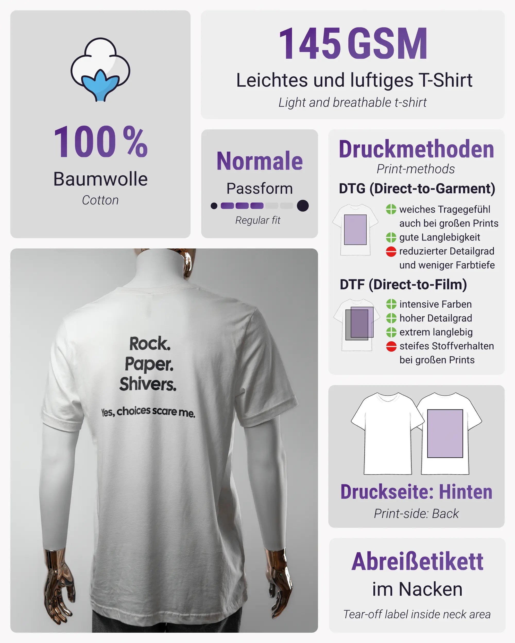 Produktinformationsblatt des Basic Unisex T-Shirt Light von Maondo mit dem Design Rock Paper Shivers hinten in der Farbe White und in der Größe L