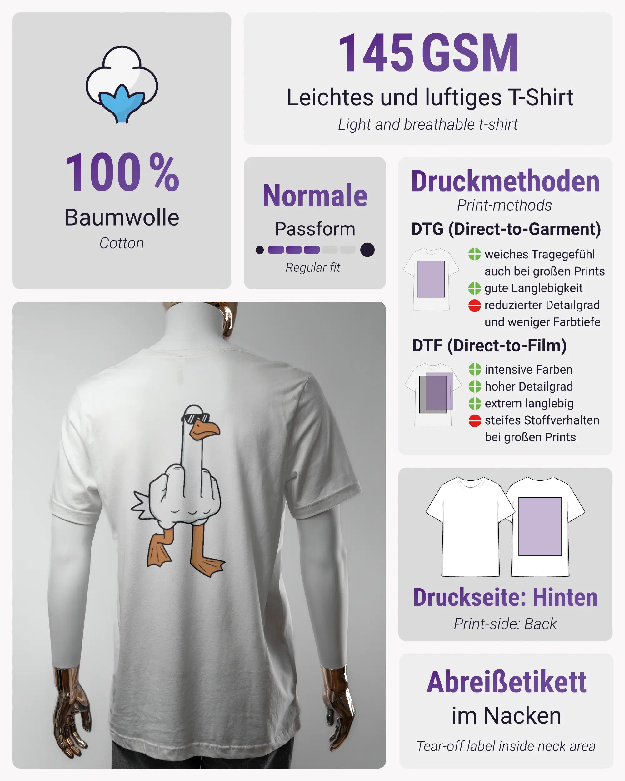 Produktinformationsblatt des Basic Unisex T-Shirt Light von Maondo mit dem Design I give a duck hinten in der Farbe White und in der Größe L