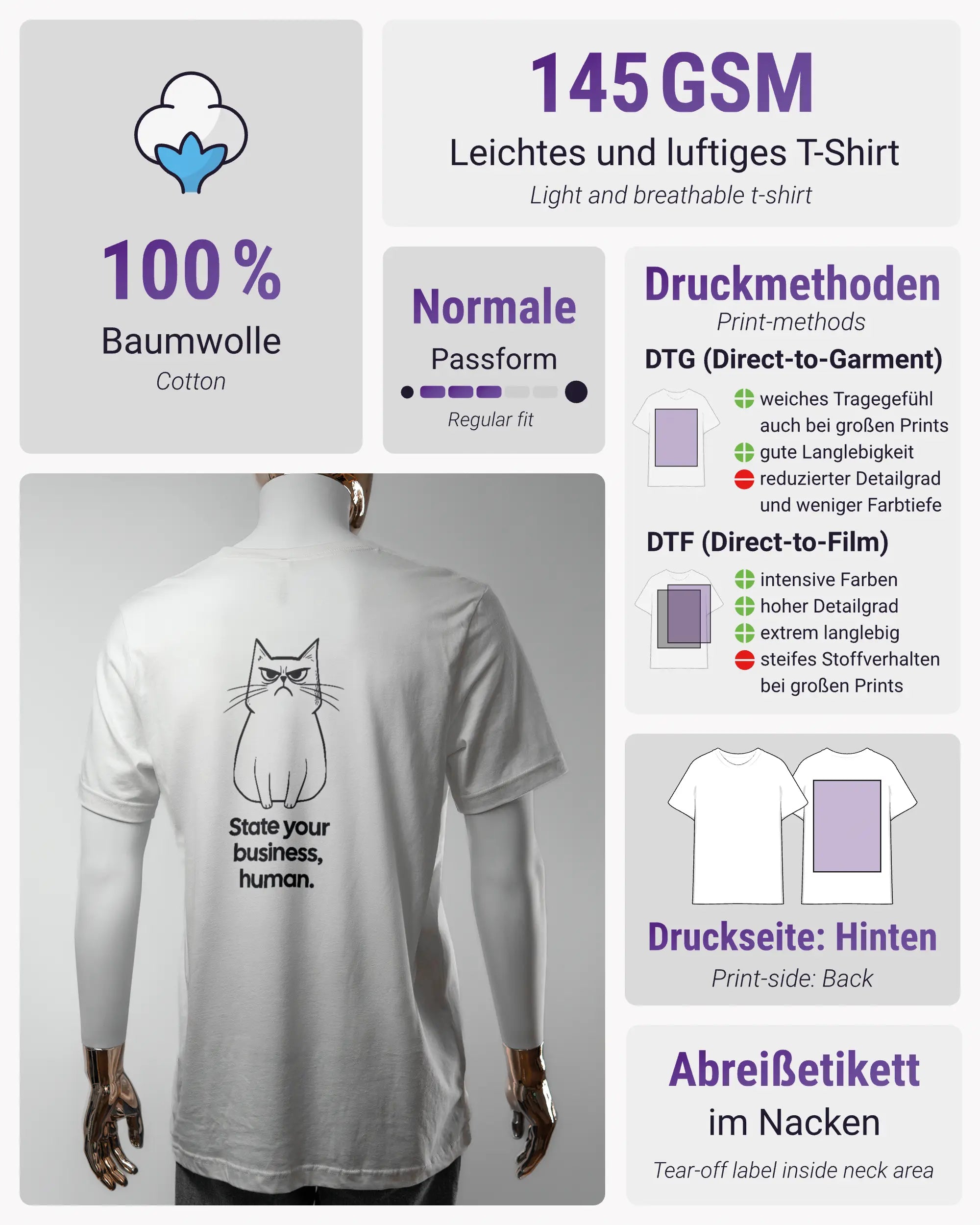 Produktinformationsblatt des Basic Unisex T-Shirt Light von Maondo mit dem Design Grumpy Purr hinten in der Farbe White und in der Größe L