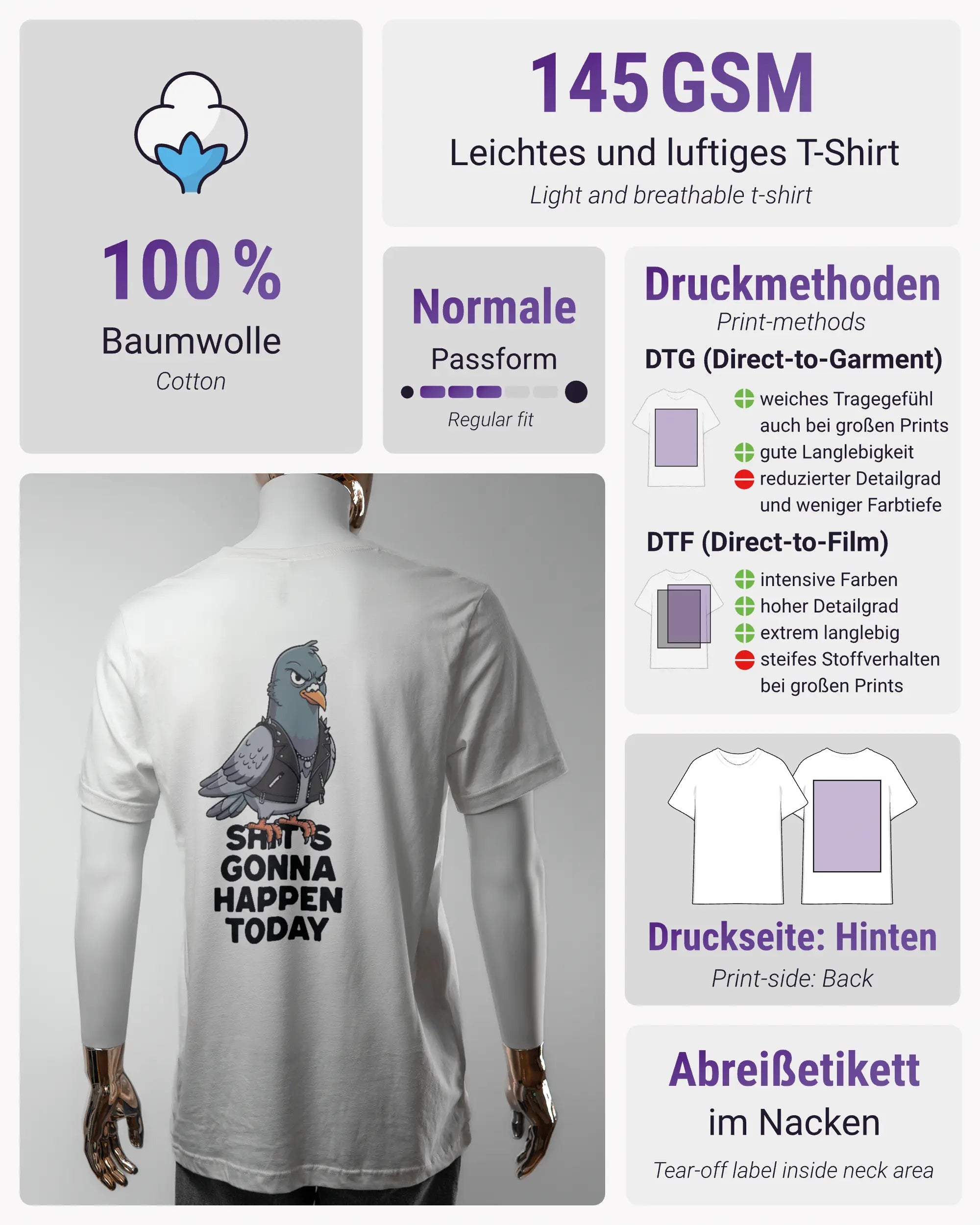 Produktinformationsblatt des Basic Unisex T-Shirt Light von Maondo mit dem Design Pigeon Pun hinten in der Farbe White und in der Größe L