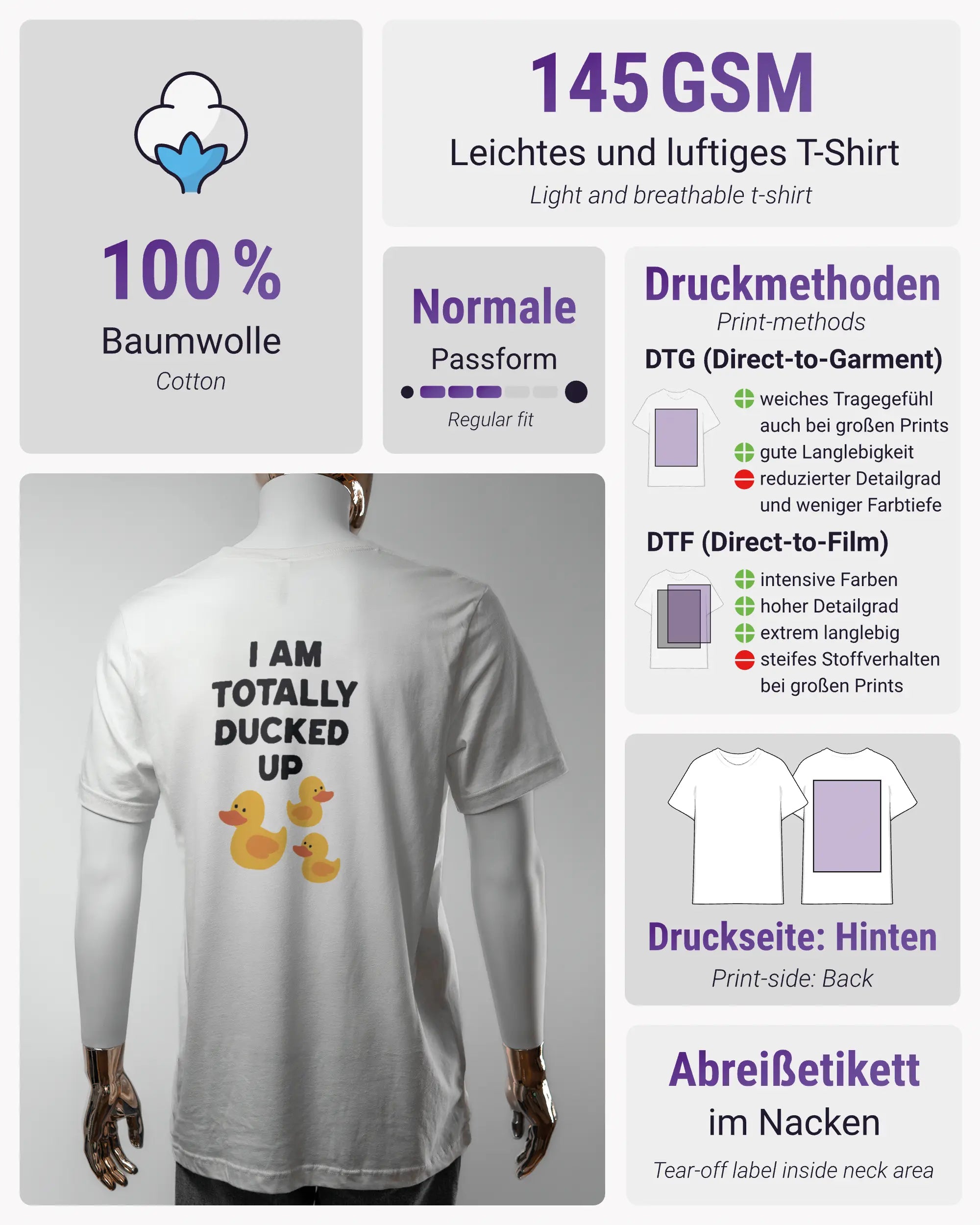 Produktinformationsblatt des Basic Unisex T-Shirt Light von Maondo mit dem Design Ducked Up hinten in der Farbe White und in der Größe L