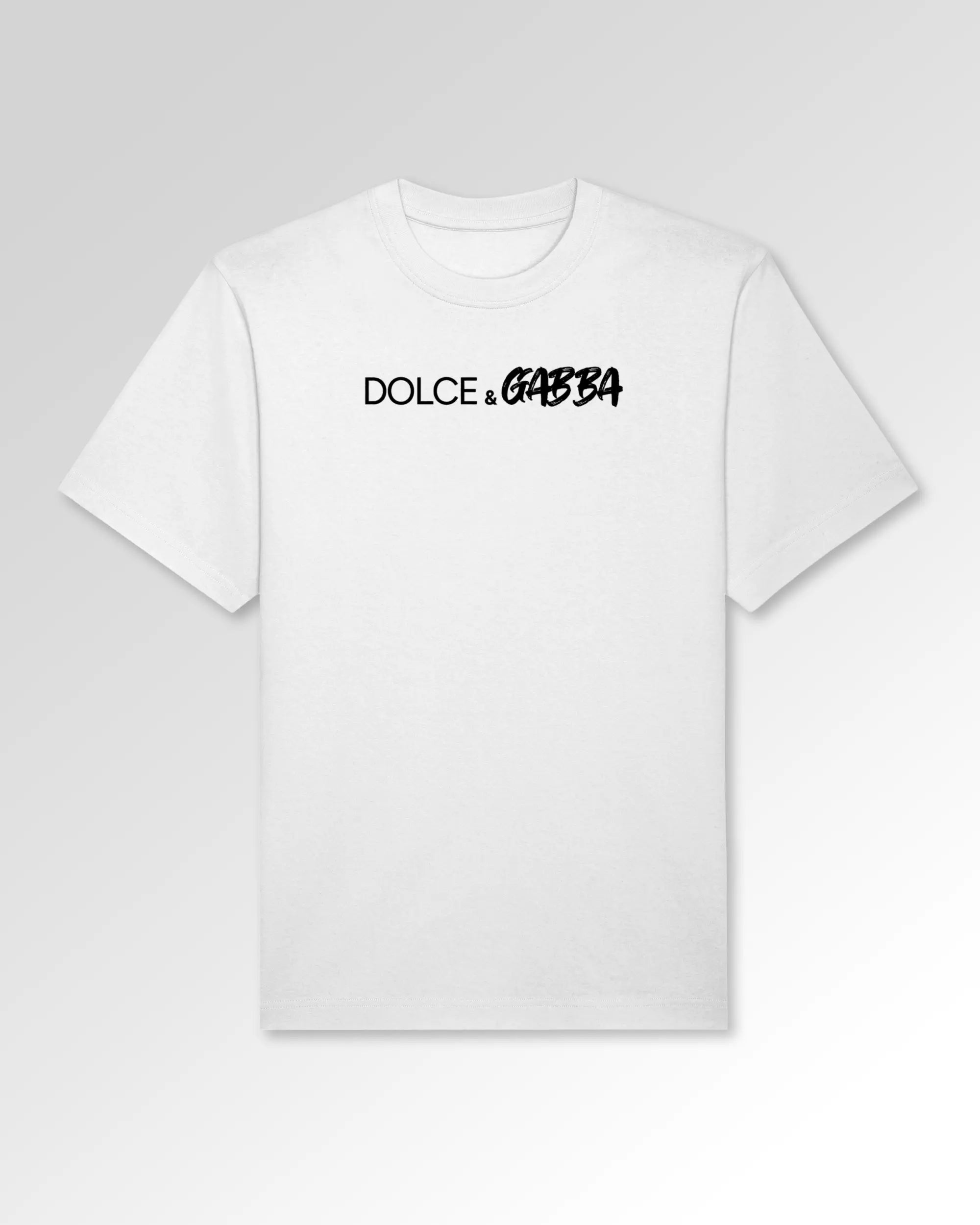 Packshot der Druckseite des Organic Unisex T-Shirts von Maondo im Oversized Fit mit dem Design Dolce & Gabba in der Farbe White