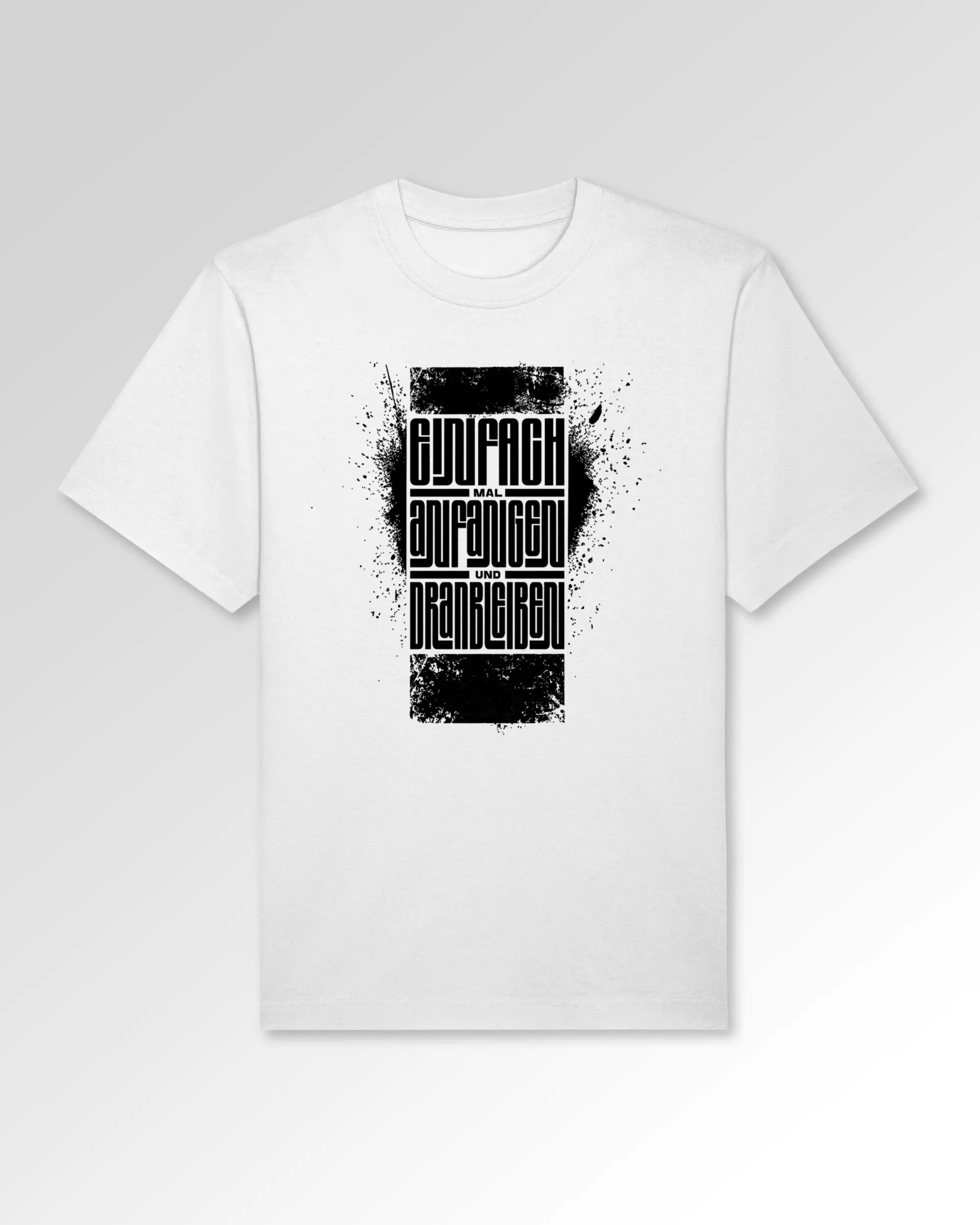 Packshot der Druckseite des Organic Unisex T-Shirts von Maondo im Oversized Fit mit dem Design Einfach Anfangen in der Farbe White