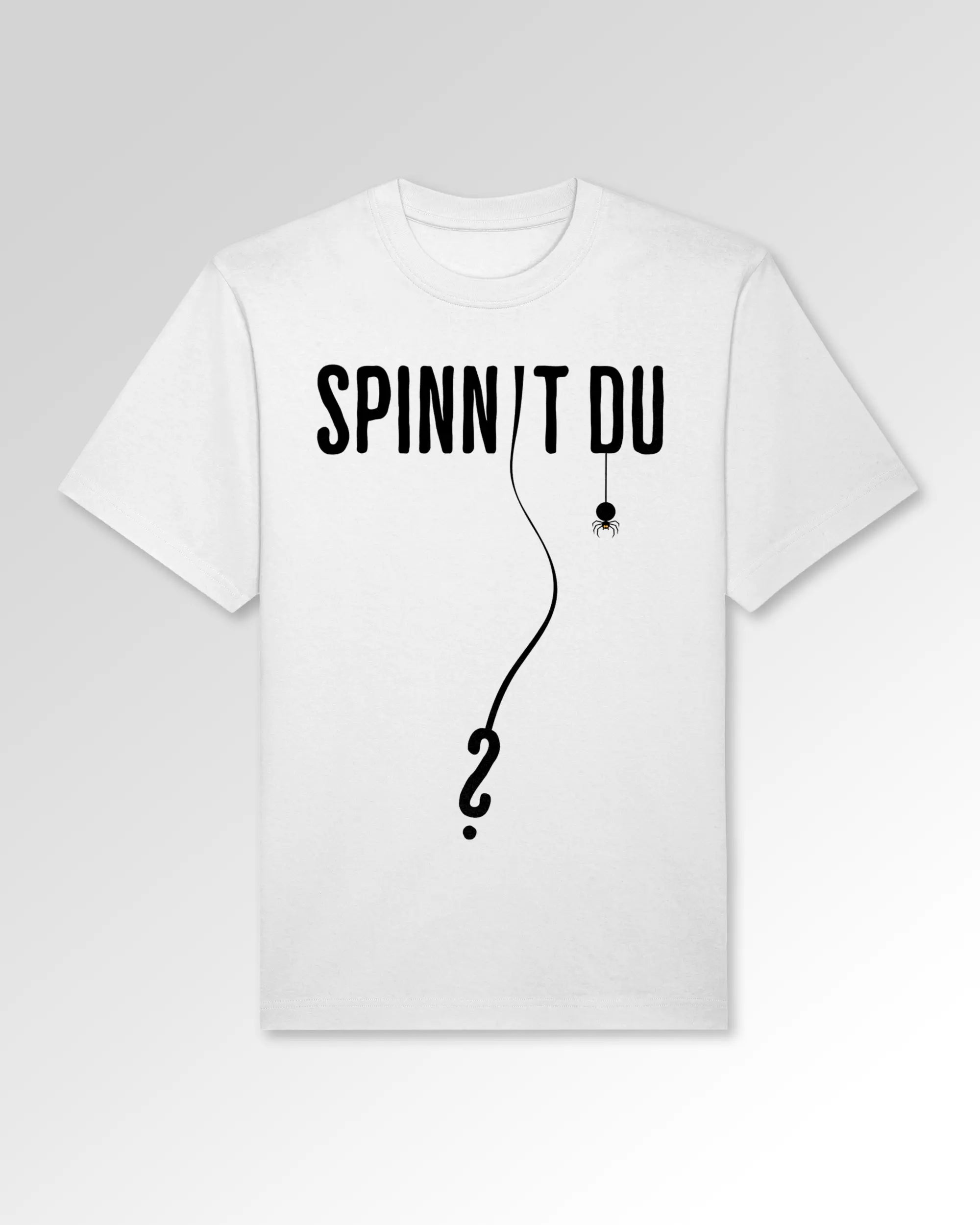 Packshot der Druckseite des Organic Unisex T-Shirts von Maondo im Oversized Fit mit dem Design Spinnst du? in der Farbe White