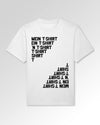 Packshot der Druckseite des Organic Unisex T-Shirts von Maondo im Oversized Fit mit dem Design Basically ein T-Shirt in der Farbe White