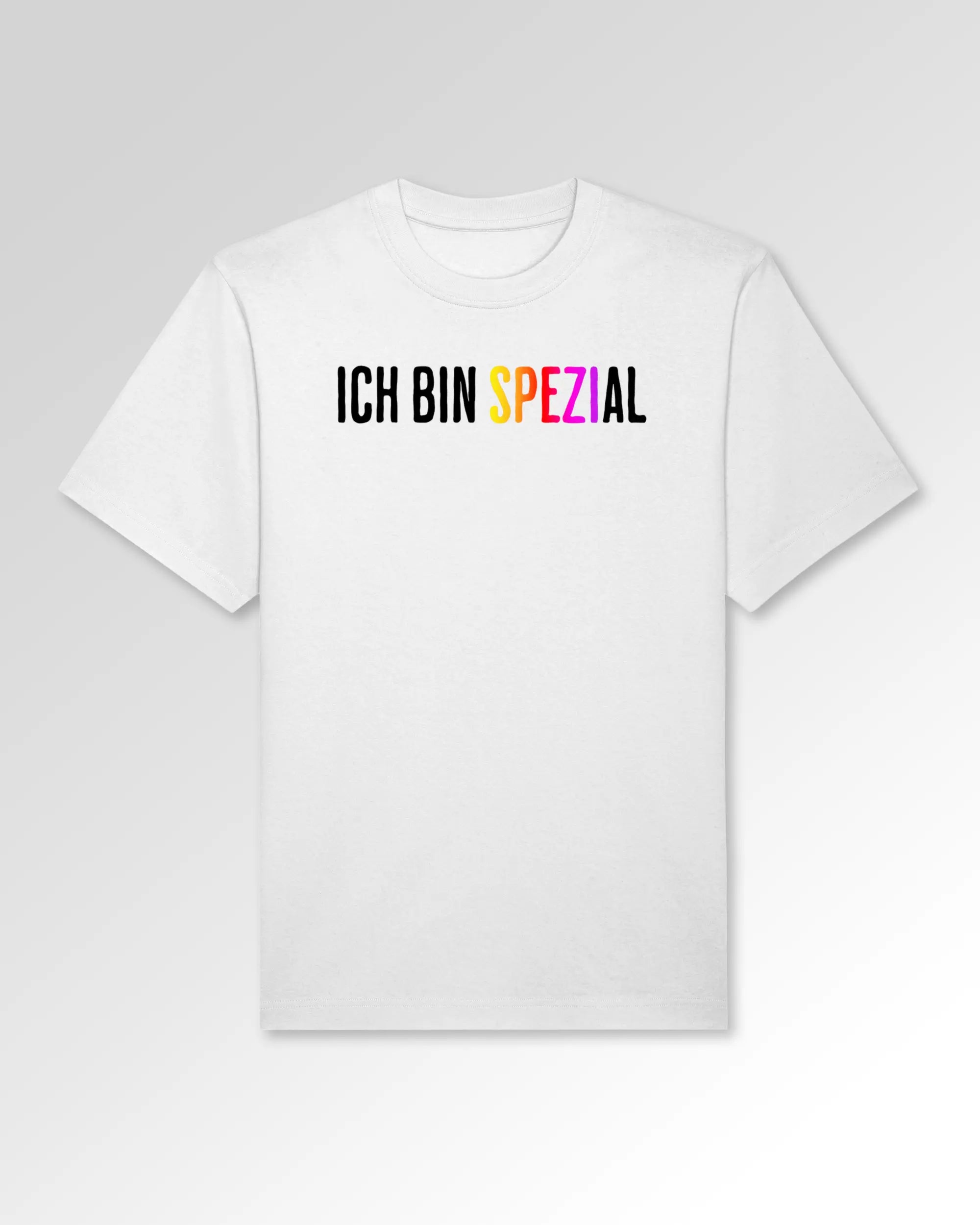 Packshot der Druckseite des Organic Unisex T-Shirts von Maondo im Oversized Fit mit dem Design Ich bin Spezial in der Farbe White