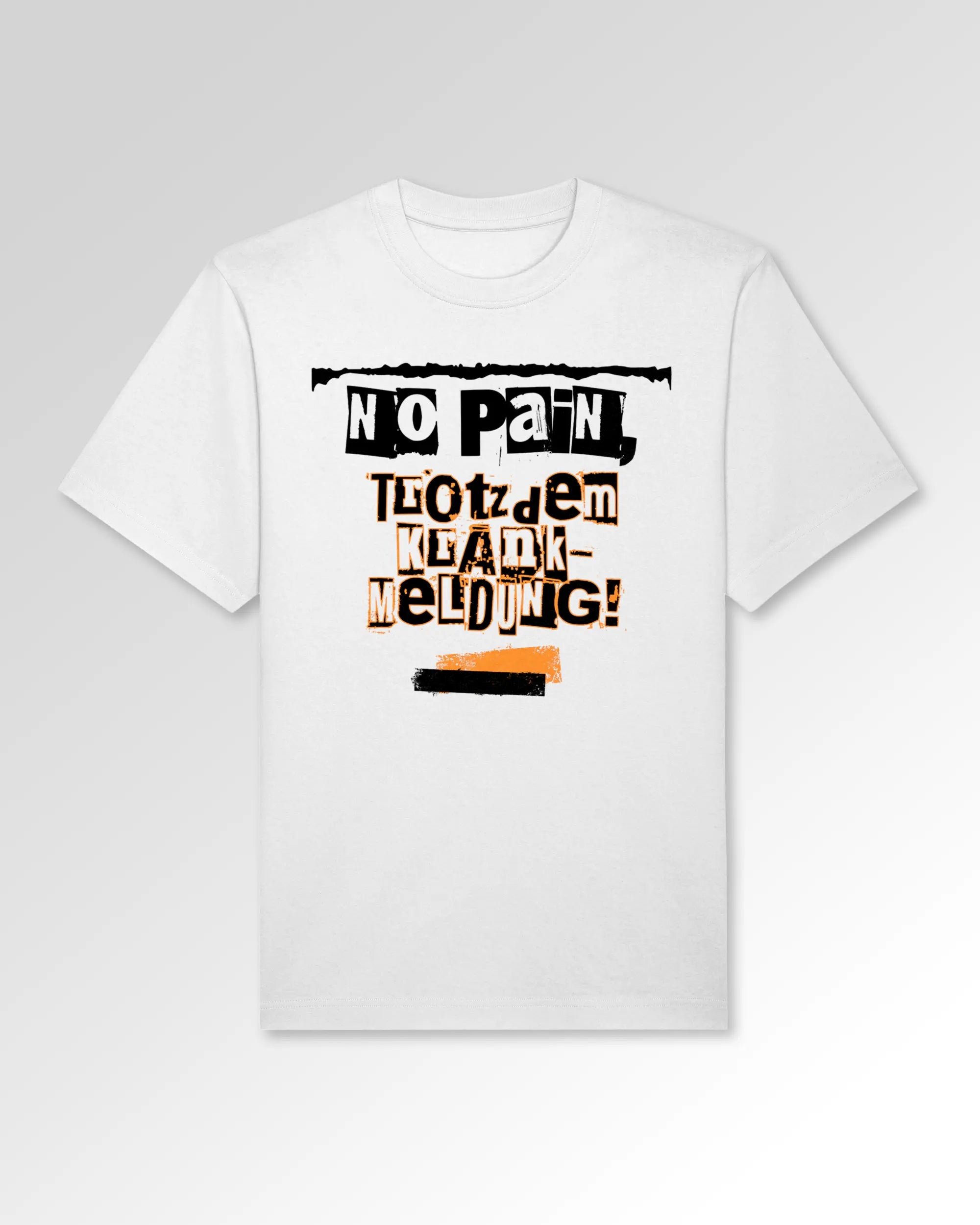 Packshot der Druckseite des Organic Unisex T-Shirts von Maondo im Oversized Fit mit dem Design Krankmeldung in der Farbe White