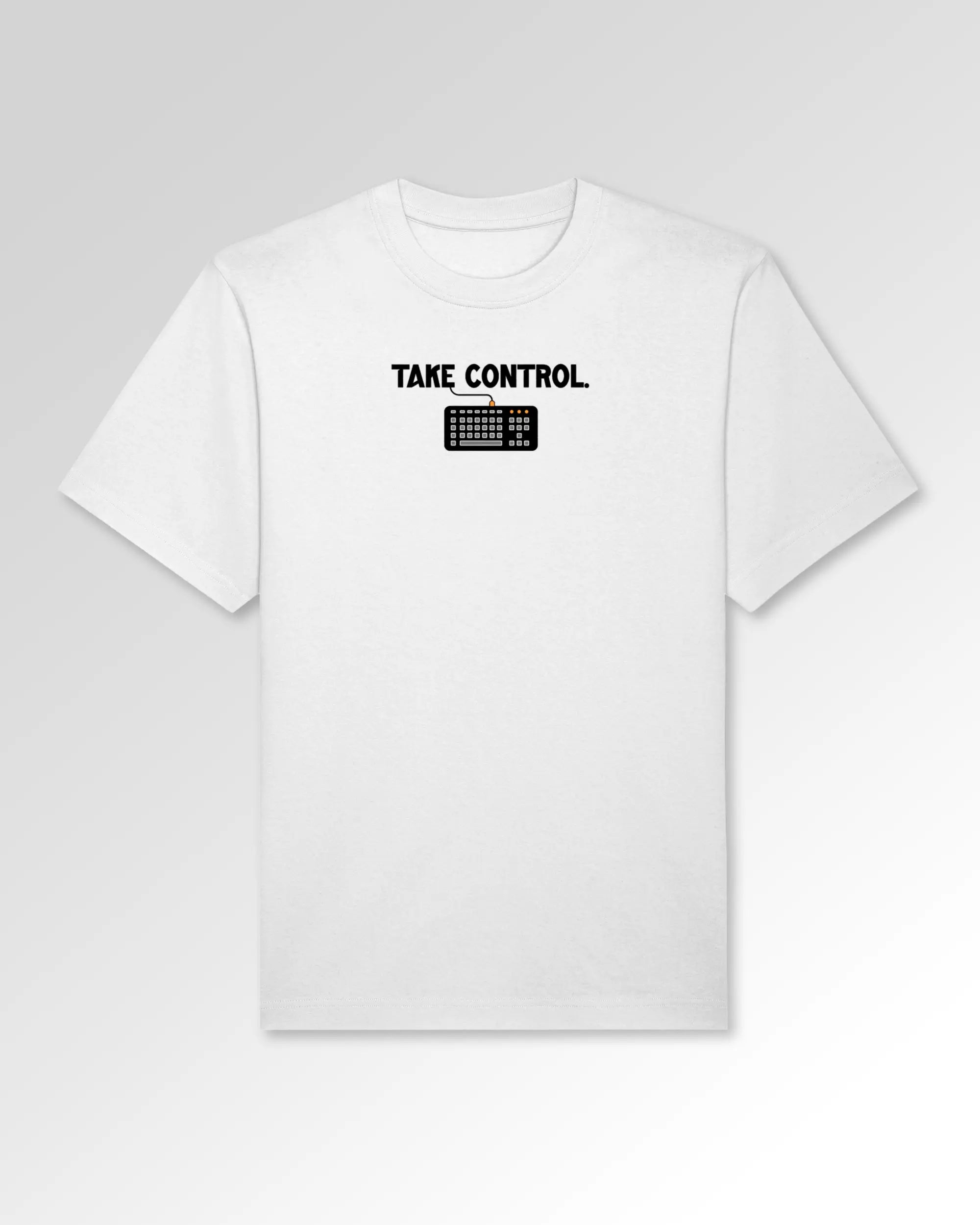 Packshot der Druckseite des Organic Unisex T-Shirts von Maondo im Oversized Fit mit dem Design Take Control in der Farbe White