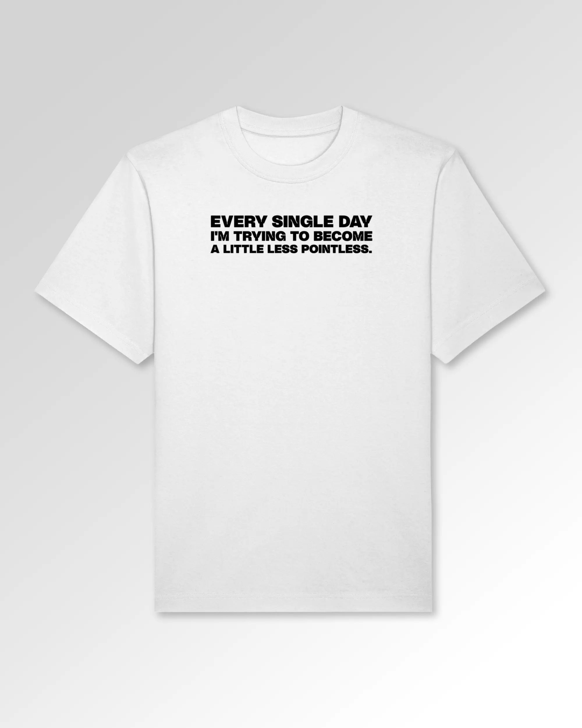 Packshot der Druckseite des Organic Unisex T-Shirts von Maondo im Oversized Fit mit dem Design Less Pointless in der Farbe White