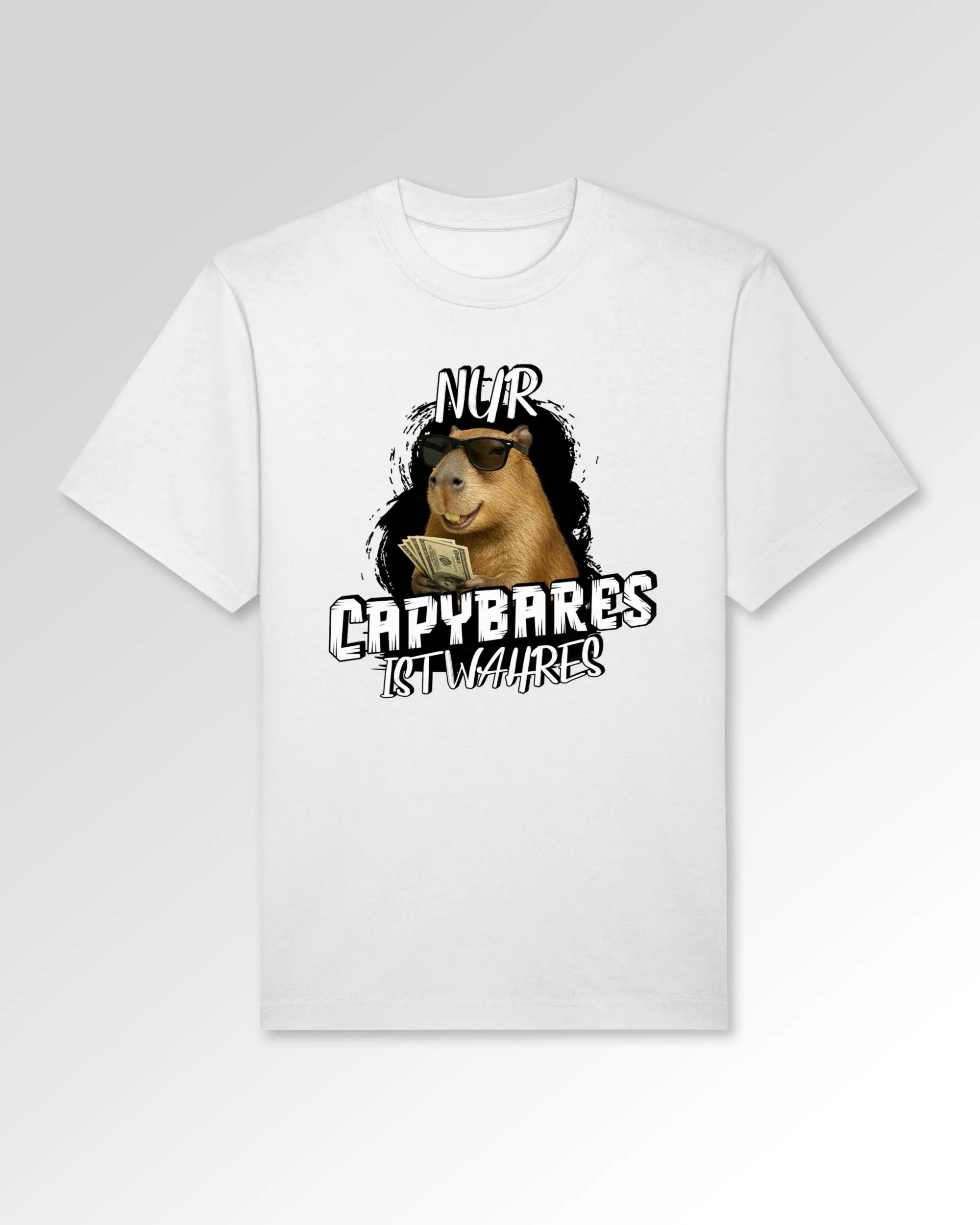 Packshot der Druckseite des Organic Unisex T-Shirts von Maondo im Oversized Fit mit dem Design Capybares in der Farbe White