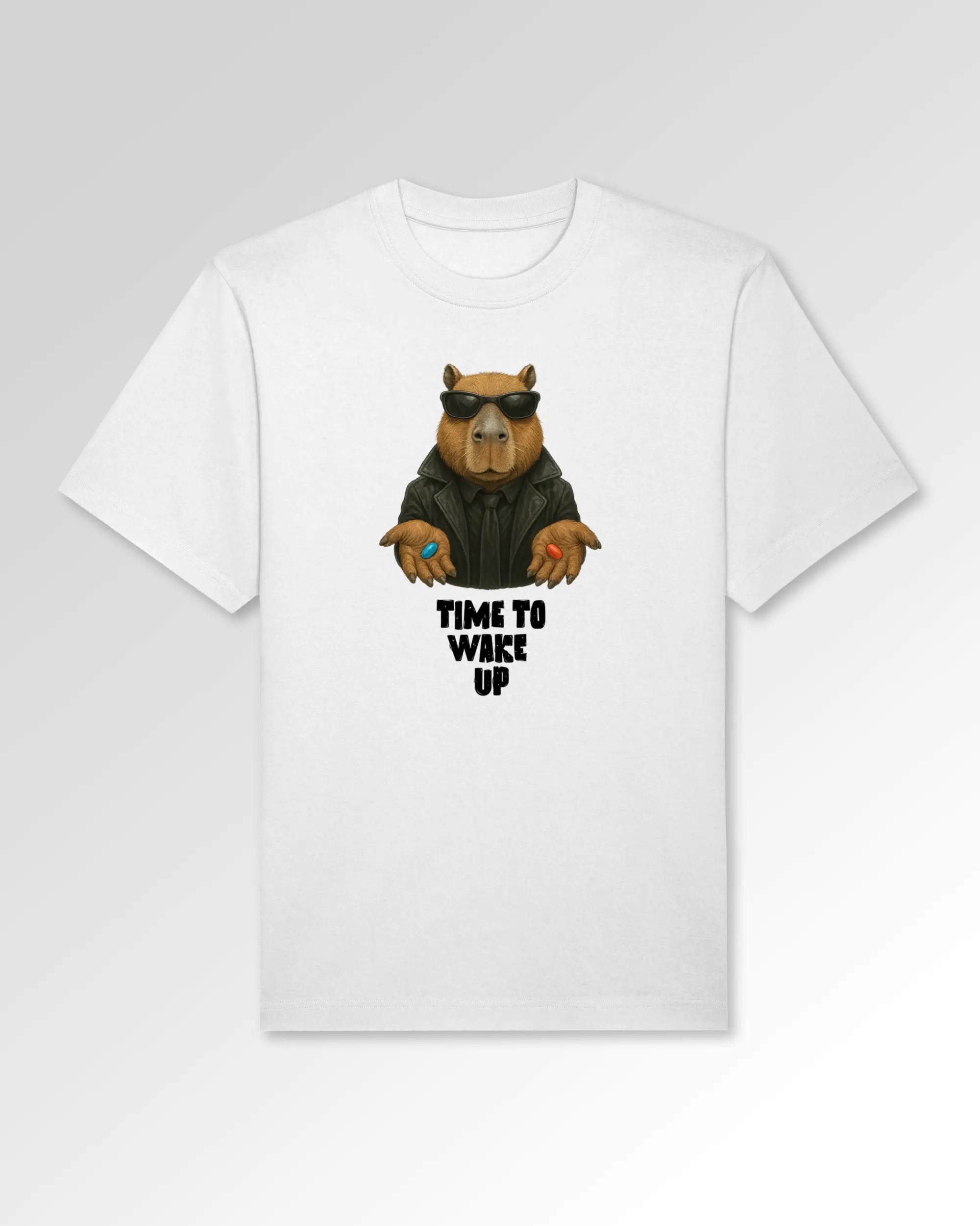 Packshot der Druckseite des Organic Unisex T-Shirts von Maondo im Oversized Fit mit dem Design Wake up in der Farbe White