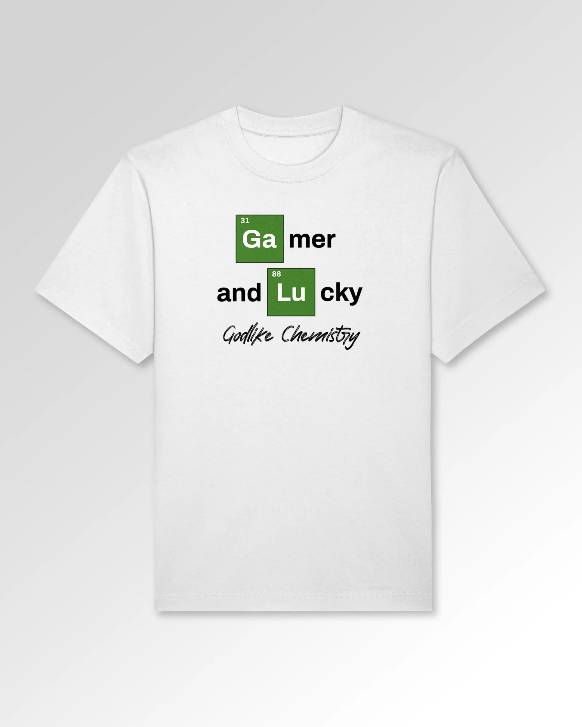 Packshot der Druckseite des Organic Unisex T-Shirts von Maondo im Oversized Fit mit dem Design Gamer Chemistry in der Farbe White