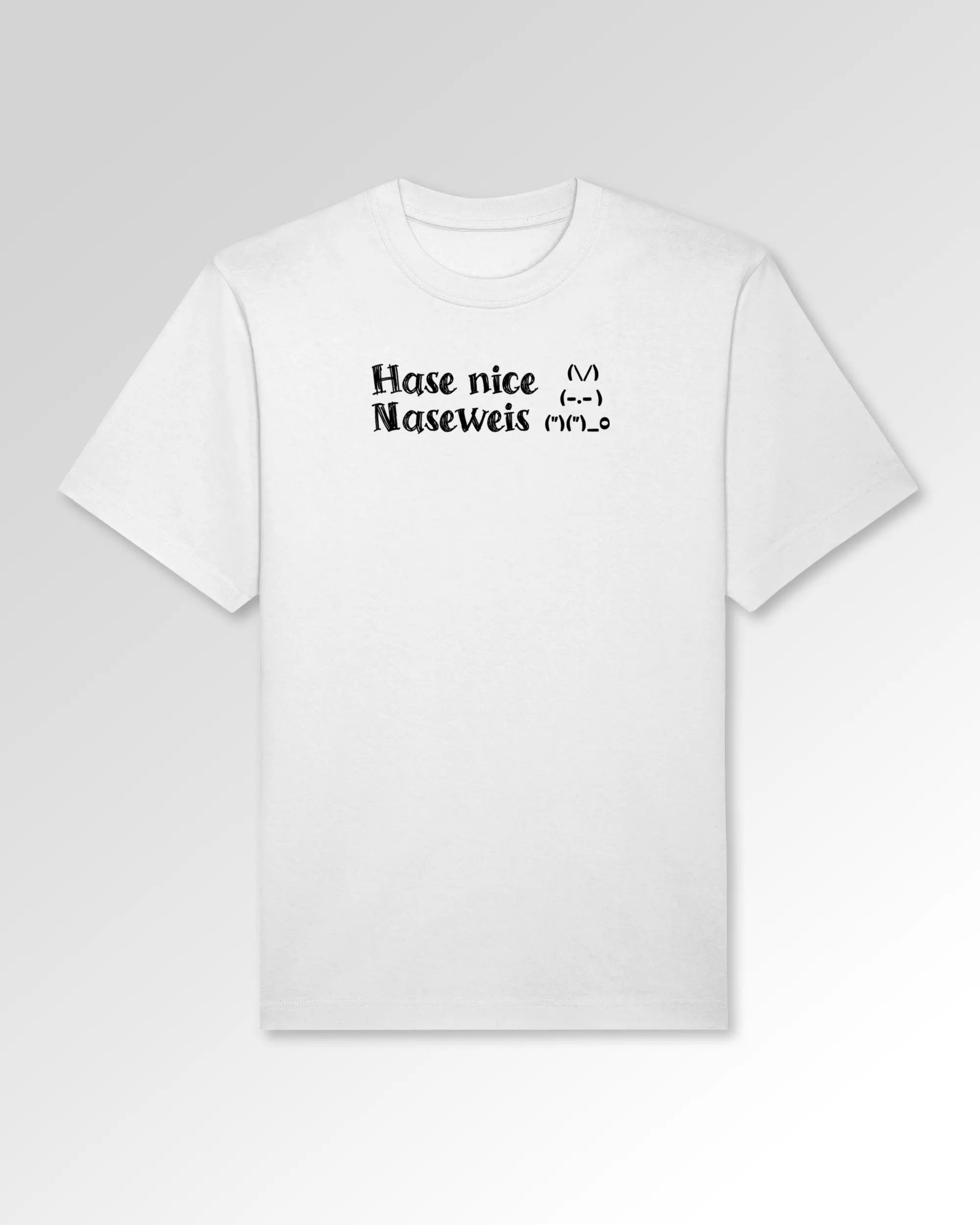 Packshot der Druckseite des Organic Unisex T-Shirts von Maondo im Oversized Fit mit dem Design Nicer Hase in der Farbe White