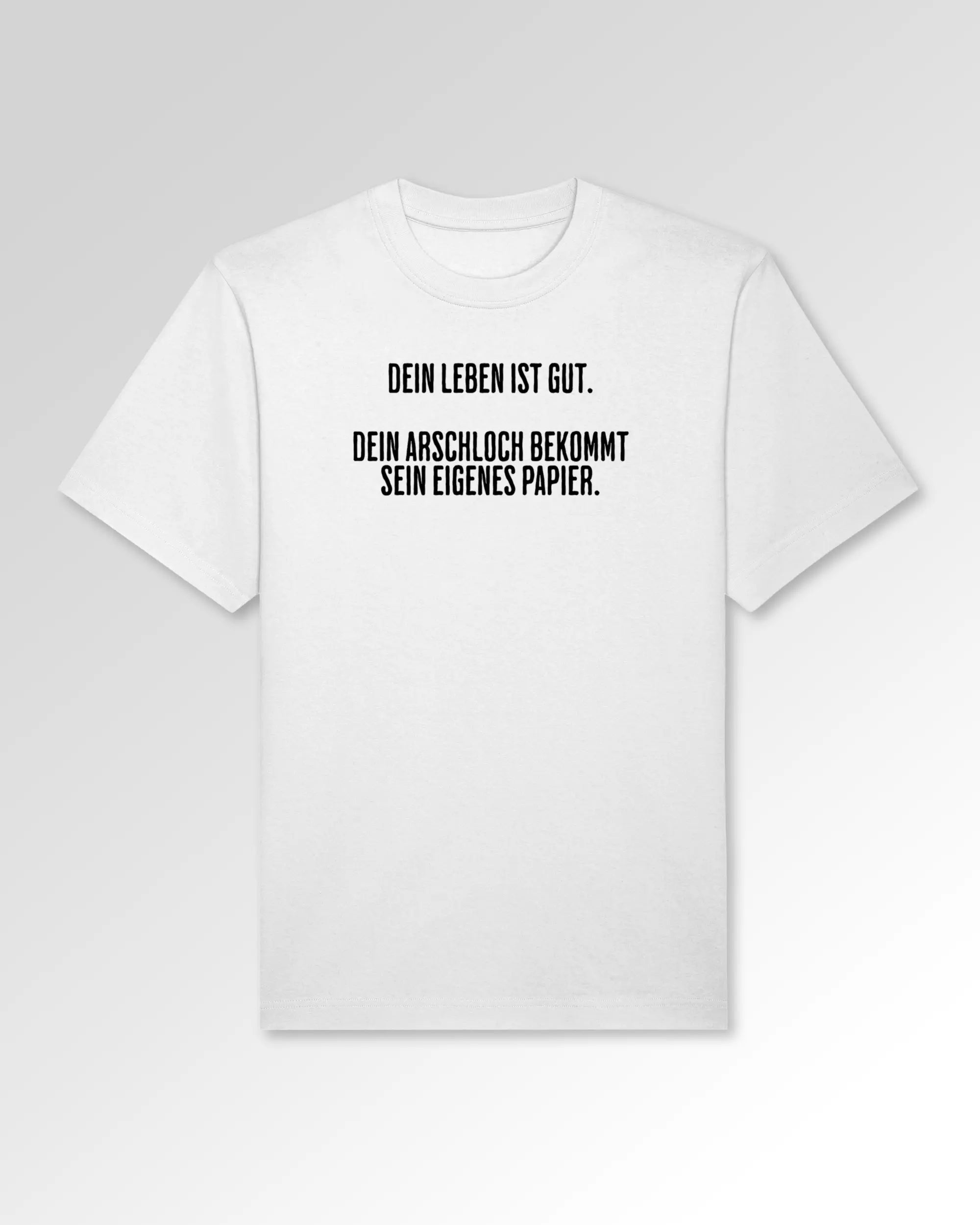 Packshot der Druckseite des Organic Unisex T-Shirts von Maondo im Oversized Fit mit dem Design Gutes Leben in der Farbe White