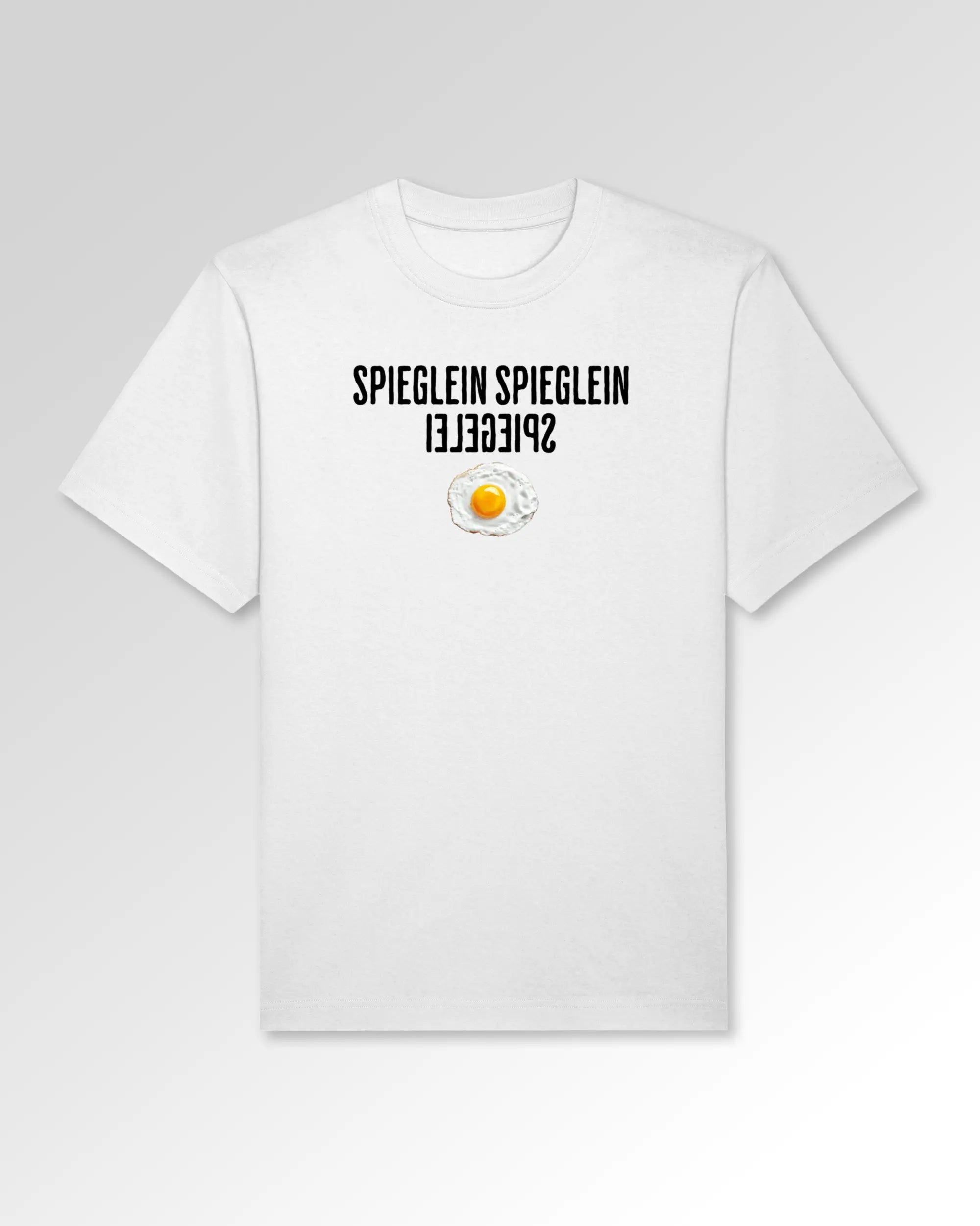 Packshot der Druckseite des Organic Unisex T-Shirts von Maondo im Oversized Fit mit dem Design Spieglein Spiegelei in der Farbe White