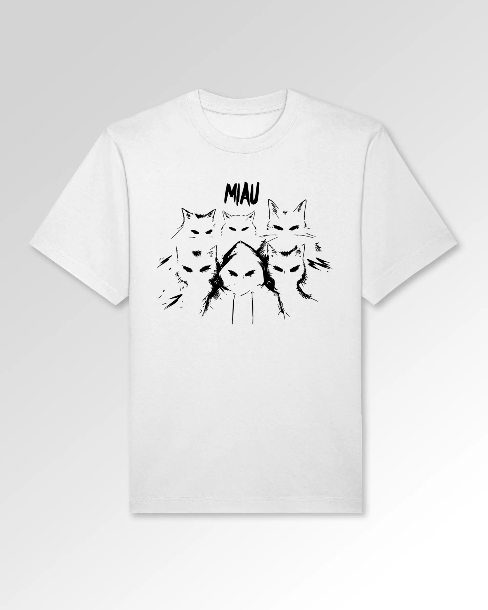 Packshot der Druckseite des Organic Unisex T-Shirts von Maondo im Oversized Fit mit dem Design Miau Gang in der Farbe White