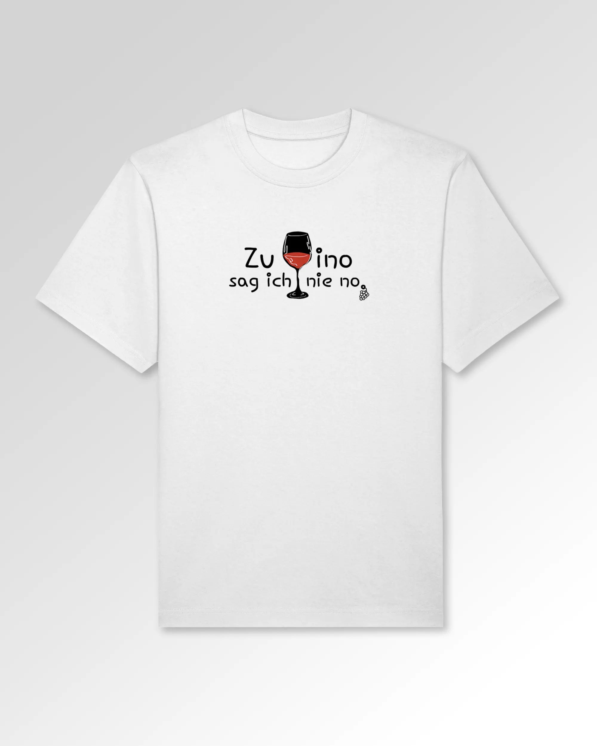 Packshot der Druckseite des Organic Unisex T-Shirts von Maondo im Oversized Fit mit dem Design Vino nie no in der Farbe White