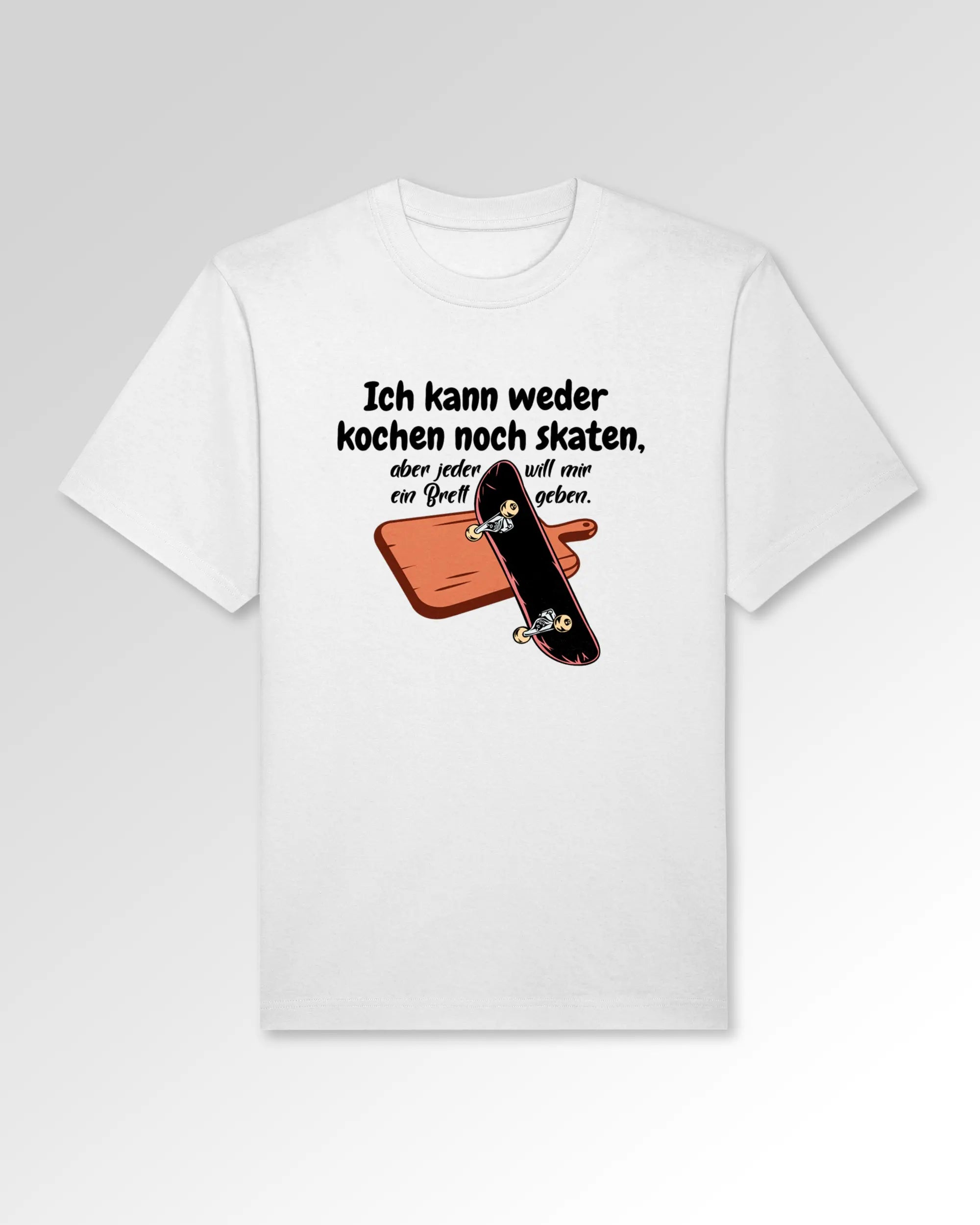 Packshot der Druckseite des Organic Unisex T-Shirts von Maondo im Oversized Fit mit dem Design Ein Brett geben in der Farbe White