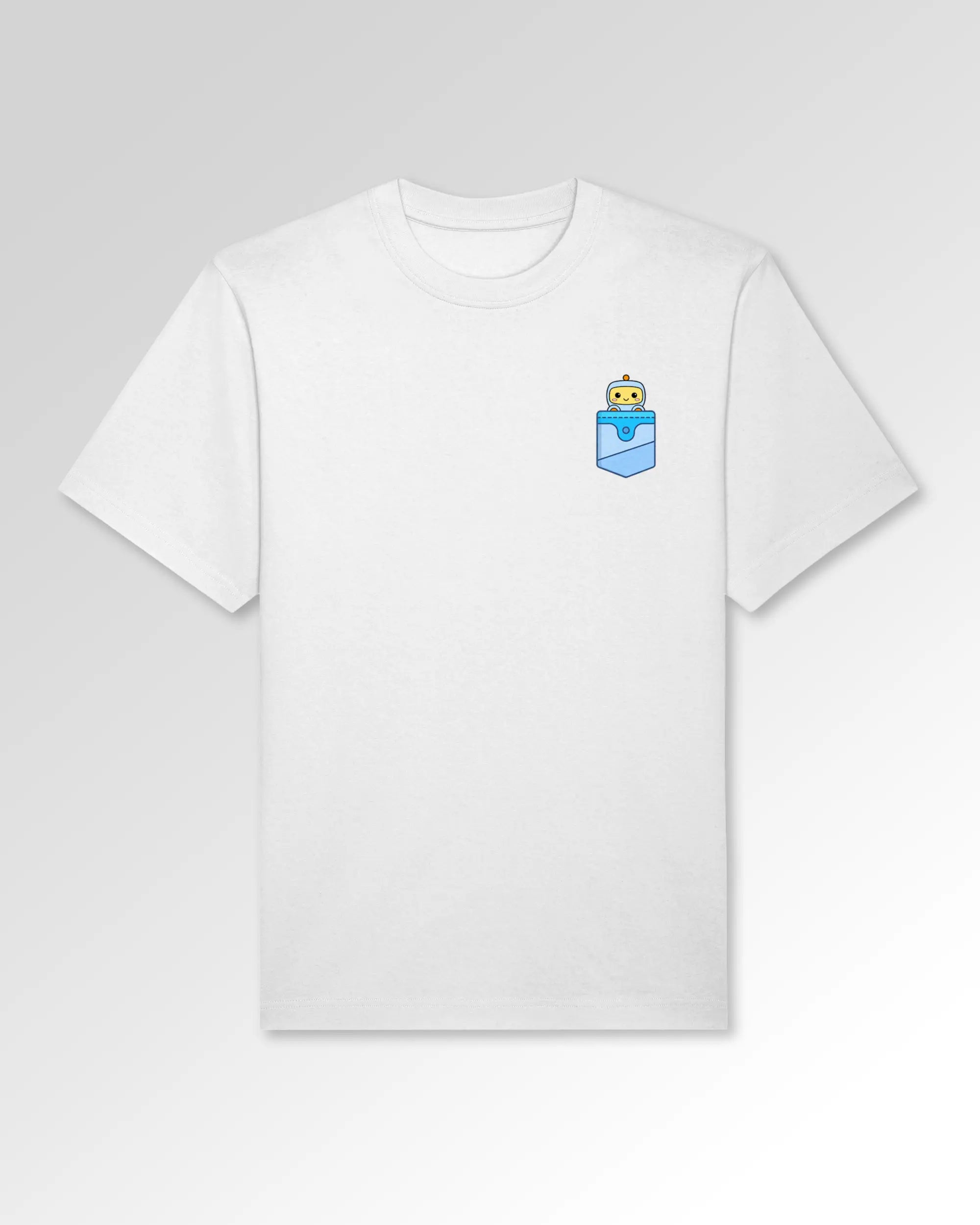 Packshot der Druckseite des Organic Unisex T-Shirts von Maondo im Oversized Fit mit dem Design Taschenbot in der Farbe White