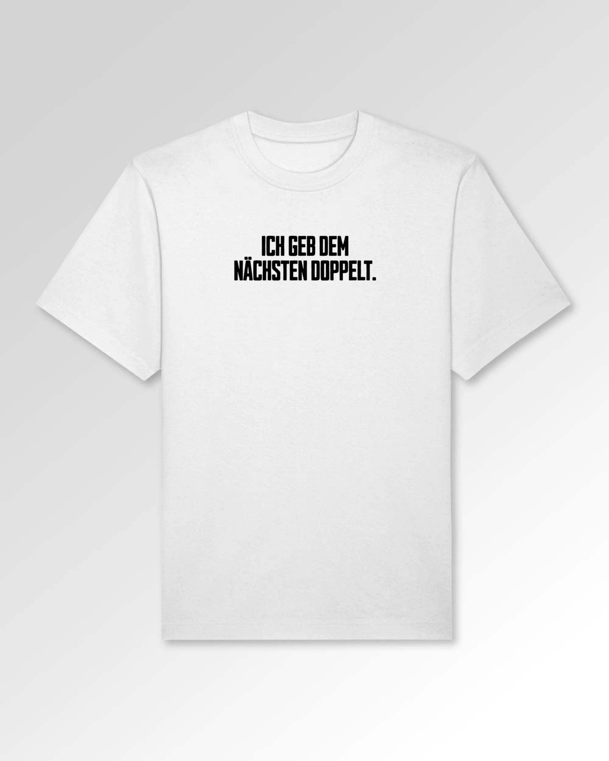 Packshot der Druckseite des Organic Unisex T-Shirts von Maondo im Oversized Fit mit dem Design Dem nächsten doppelt in der Farbe White