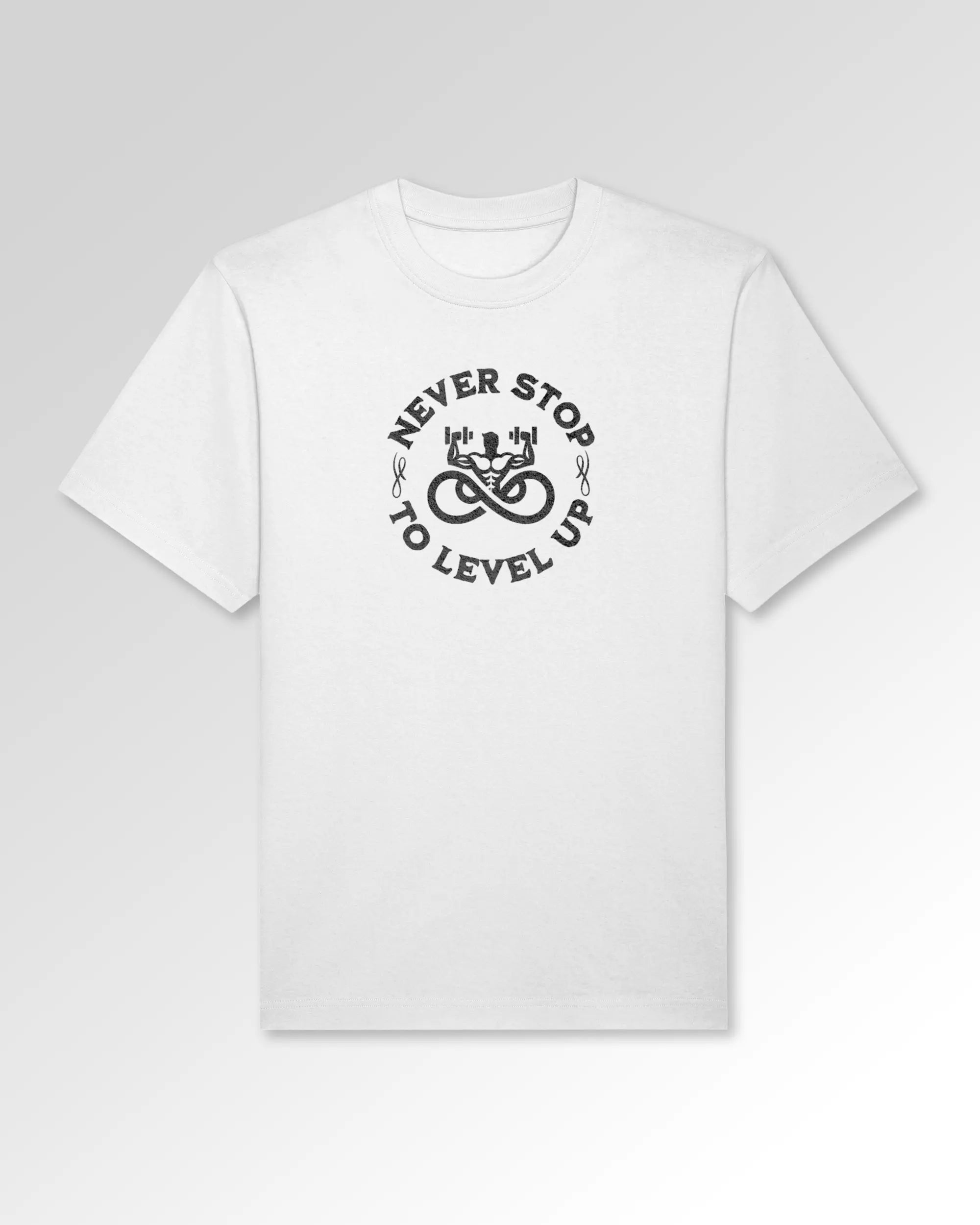 Packshot der Druckseite des Organic Unisex T-Shirts von Maondo im Oversized Fit mit dem Design Lift Longer in der Farbe White