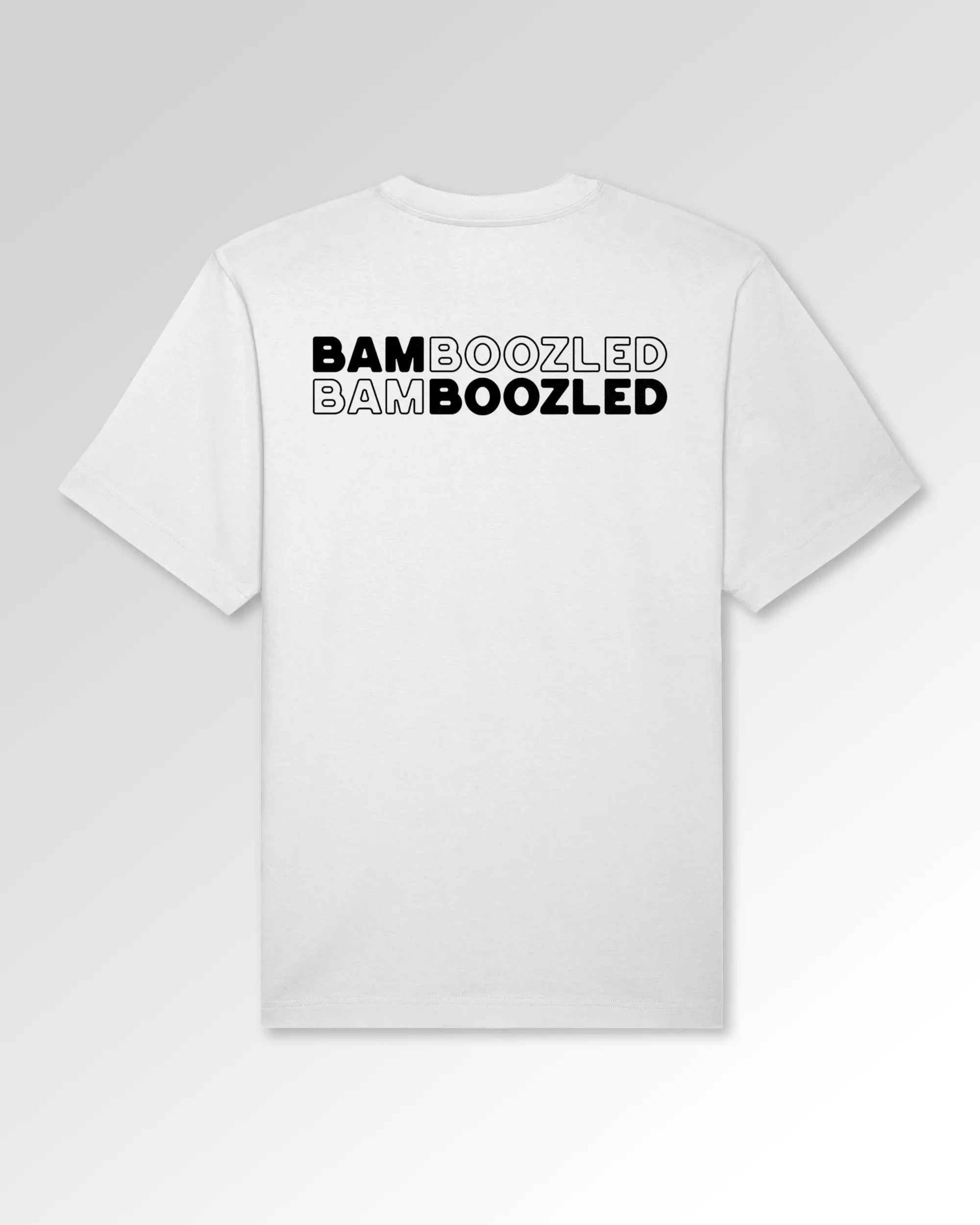 Packshot der Druckseite des Organic Unisex T-Shirts von Maondo im Oversized Fit mit dem Design Double Bamboozled in der Farbe White