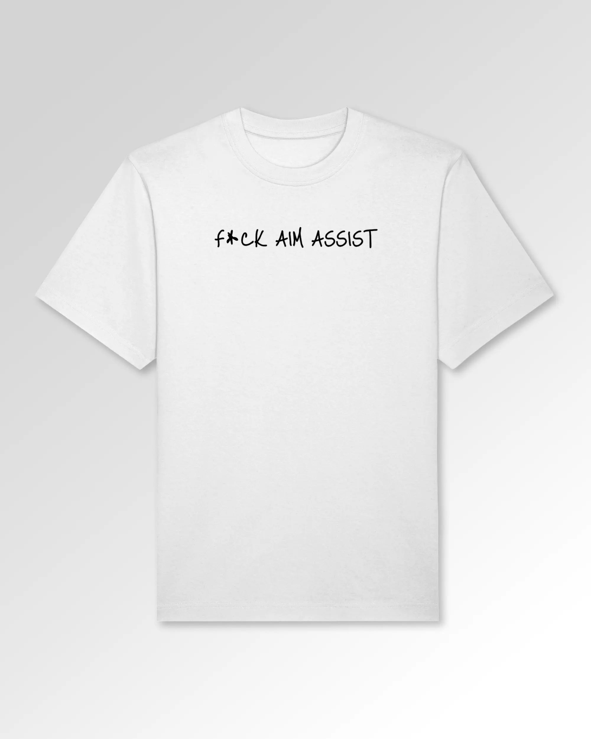 Packshot der Druckseite des Organic Unisex T-Shirts von Maondo im Oversized Fit mit dem Design F Aim Assist in der Farbe White