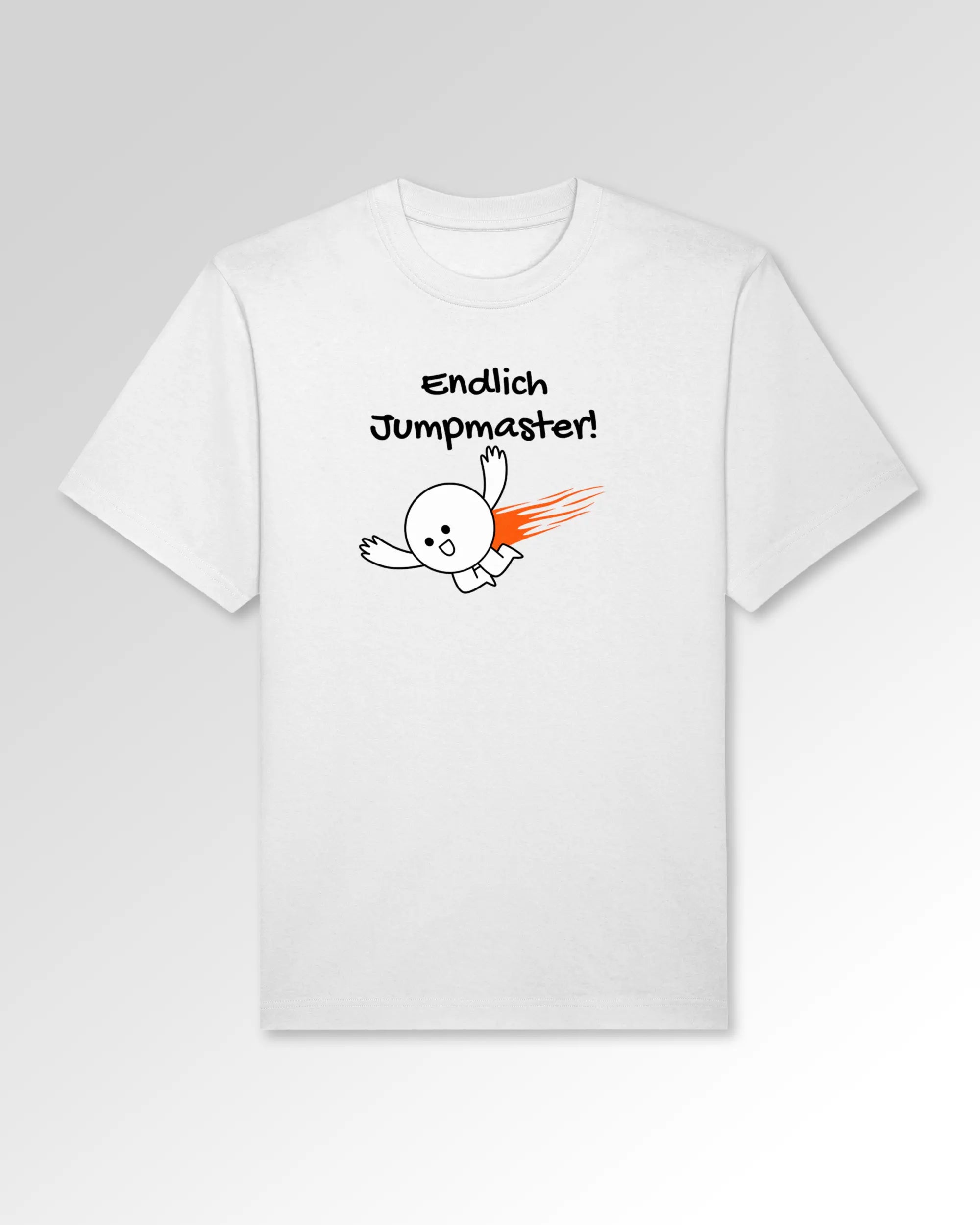 Packshot der Druckseite des Organic Unisex T-Shirts von Maondo im Oversized Fit mit dem Design Endlich Jumpmaster in der Farbe White