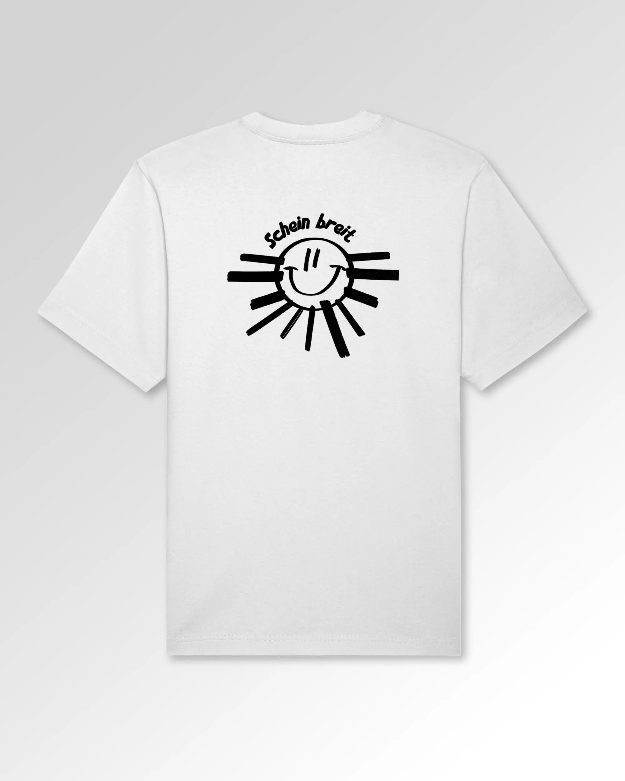 Packshot der Druckseite des Organic Unisex T-Shirts von Maondo im Oversized Fit mit dem Design Schein Breit in der Farbe White