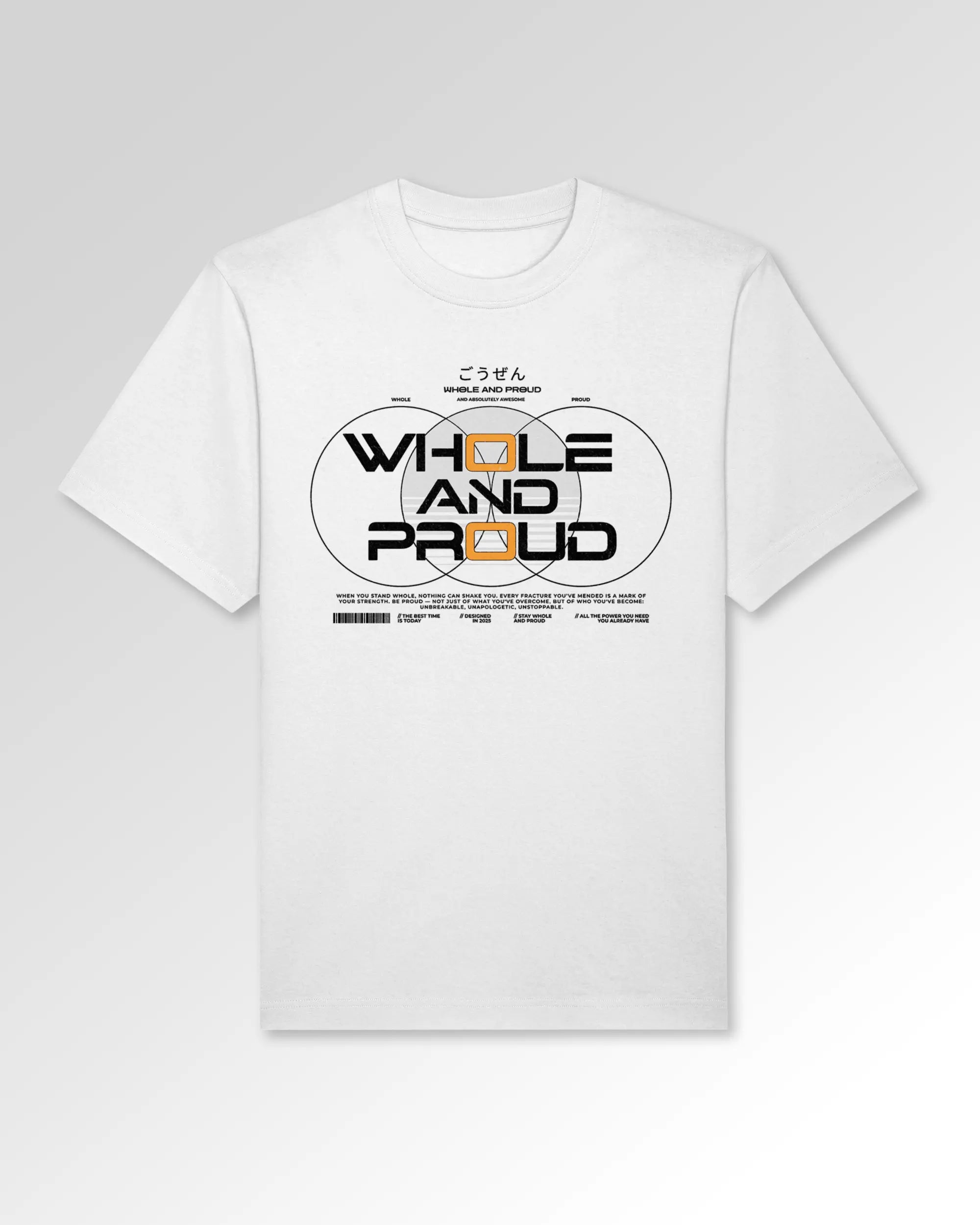 Packshot der primären Druckseite des Organic Unisex T-Shirts von Maondo im Oversized Fit mit dem Design Whole and proud in der Farbe White