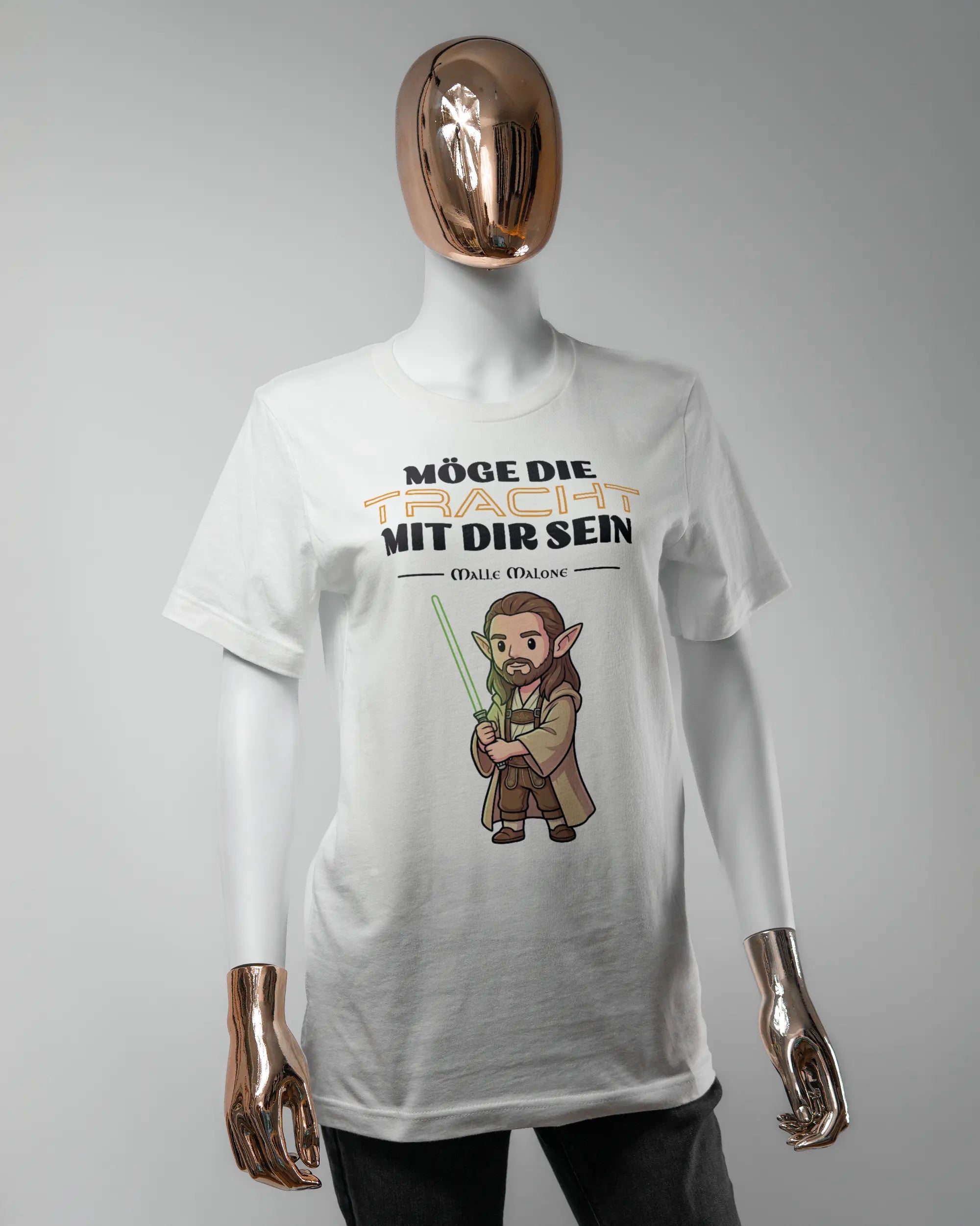 Vorderseite des Basic Unisex T-Shirt Light von Maondo mit dem Design Tracht mit dir in der Farbe White und in der Größe S getragen von einer femininen Puppe