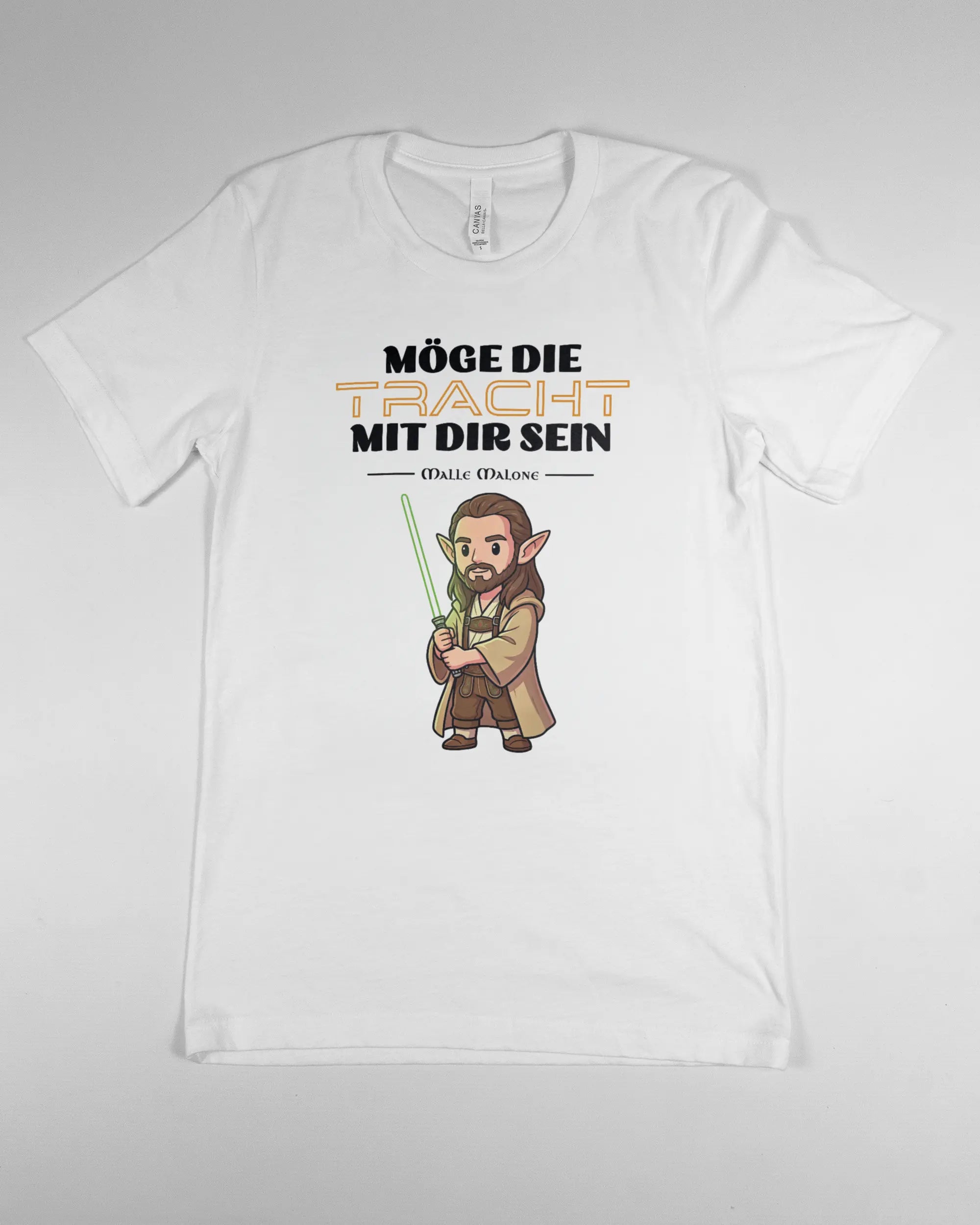 Vorderseite des Basic Unisex T-Shirt Light von Maondo mit dem Design Tracht mit dir in der Farbe White und in der Größe S flach auf den Boden gelegt