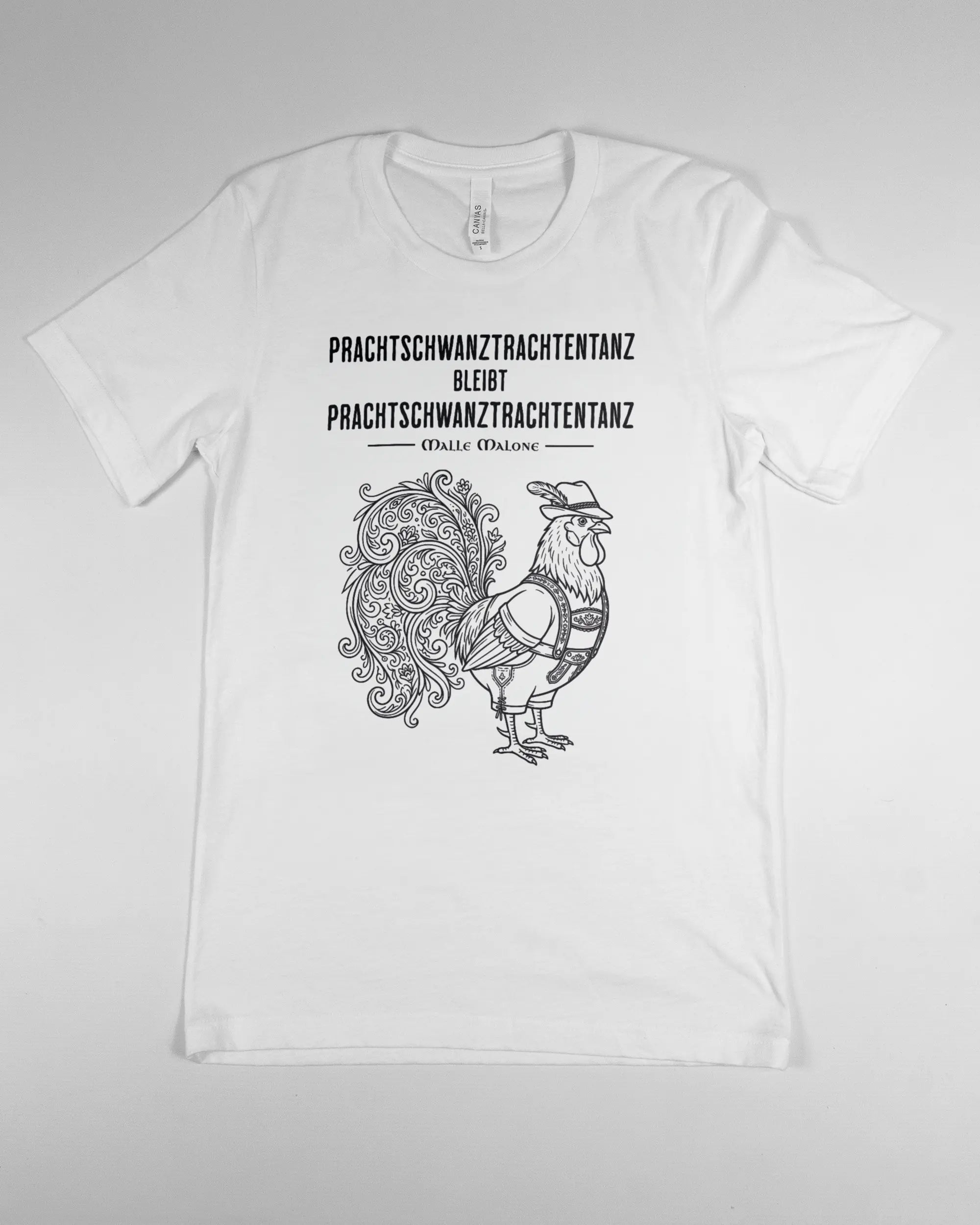 Vorderseite des Basic Unisex T-Shirt Light von Maondo mit dem Design Trachtentanz in der Farbe White und in der Größe S flach auf den Boden gelegt
