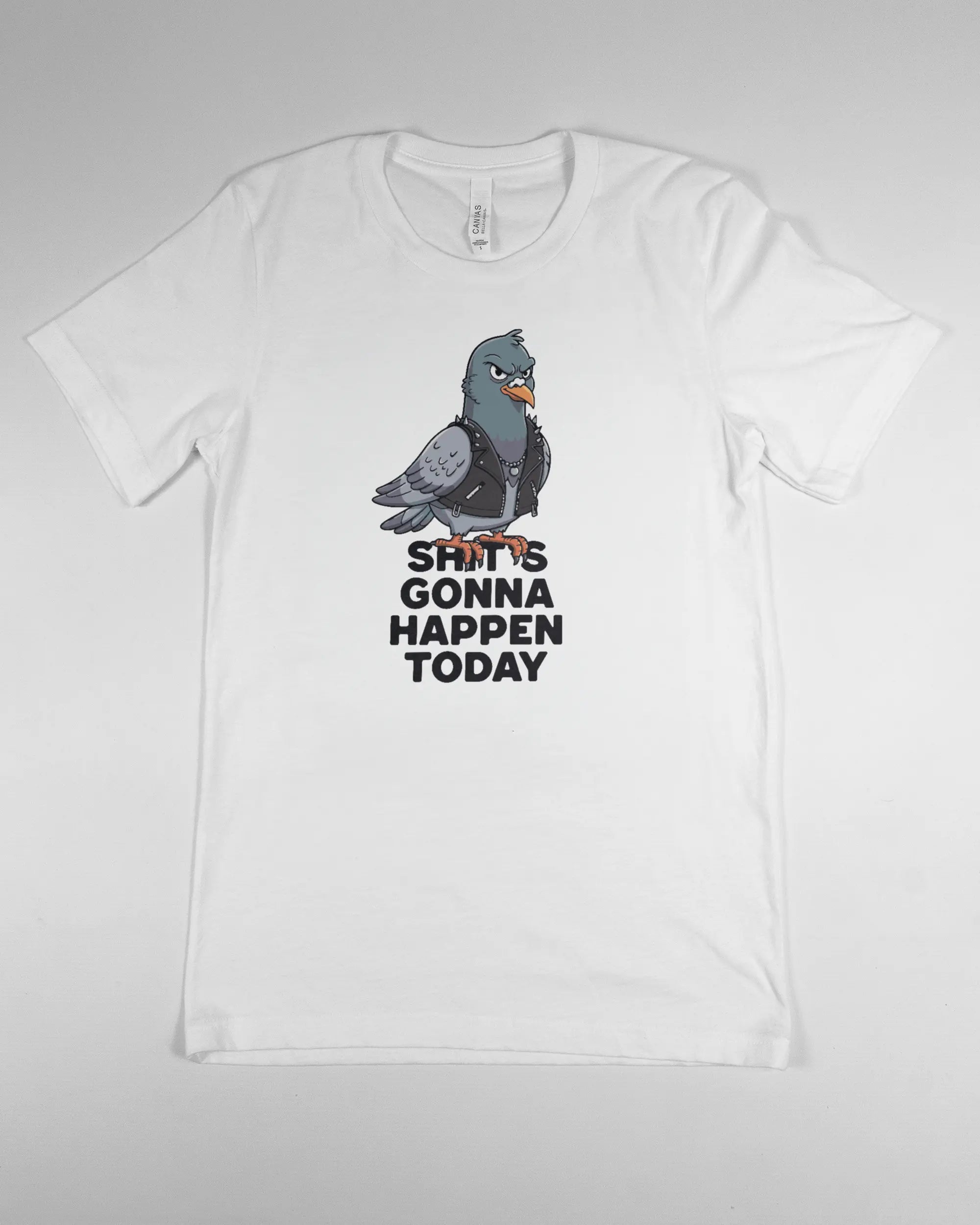 Vorderseite des Basic Unisex T-Shirt Light von Maondo mit dem Design Pigeon Pun in der Farbe White und in der Größe S flach auf den Boden gelegt