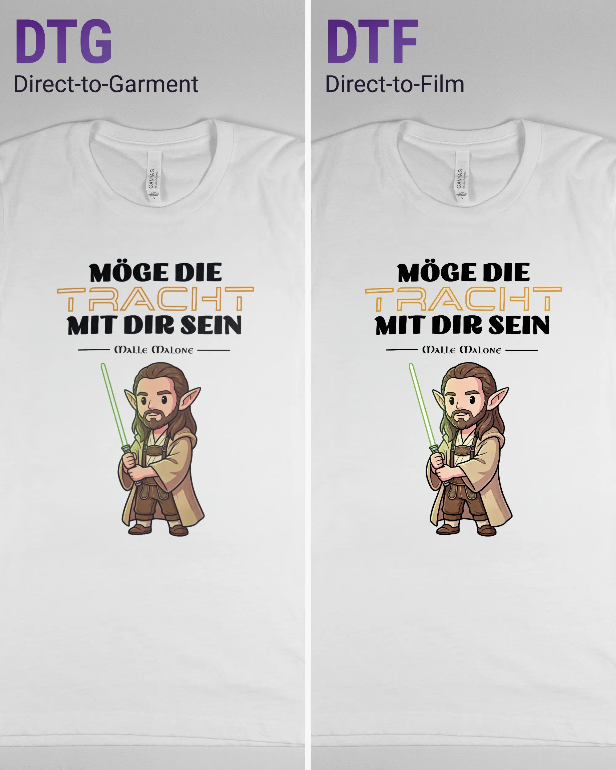 Vergleich der Vorderseiten des Basic Unisex T-Shirt Light von Maondo mit dem Design Tracht mit dir in der Farbe White und in der Größe S links mit dem Direct-to-Garment und rechts mit dem Direct-to-Film Verfahren