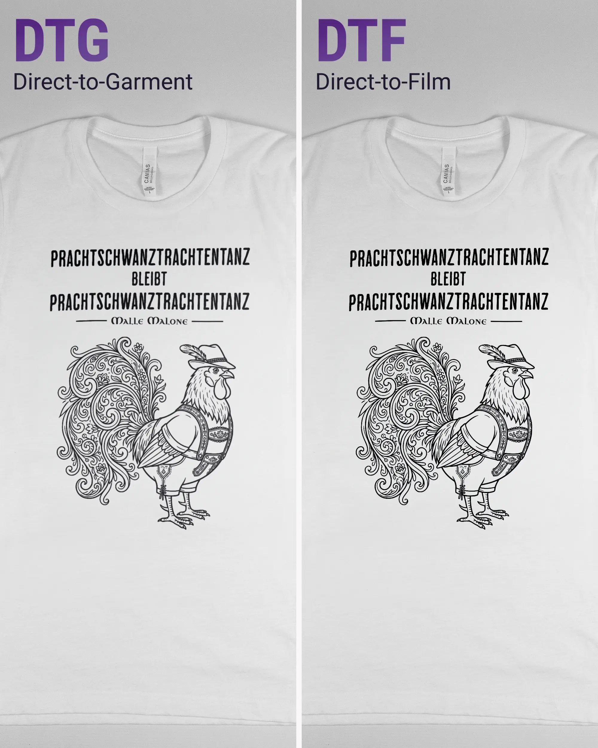 Vergleich der Vorderseiten des Basic Unisex T-Shirt Light von Maondo mit dem Design Trachtentanz in der Farbe White und in der Größe S links mit dem Direct-to-Garment und rechts mit dem Direct-to-Film Verfahren