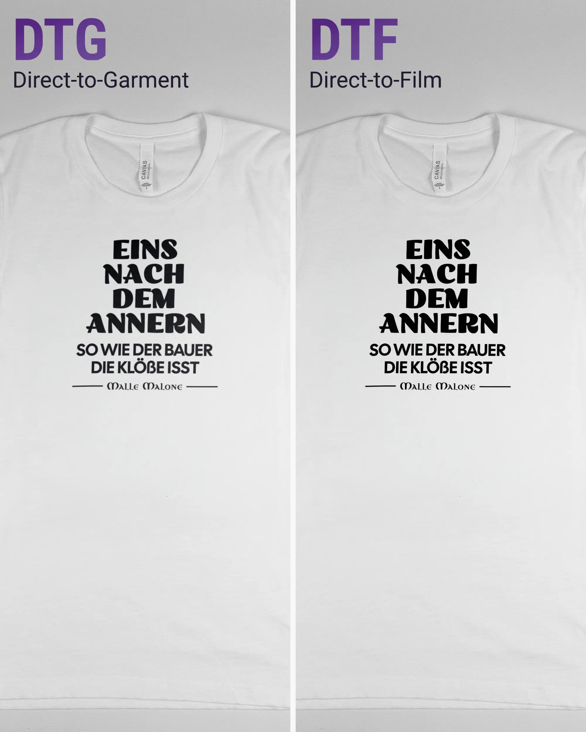 Vergleich der Vorderseiten des Basic Unisex T-Shirt Light von Maondo mit dem Design Eins nach dem Annern in der Farbe White und in der Größe S links mit dem Direct-to-Garment und rechts mit dem Direct-to-Film Verfahren