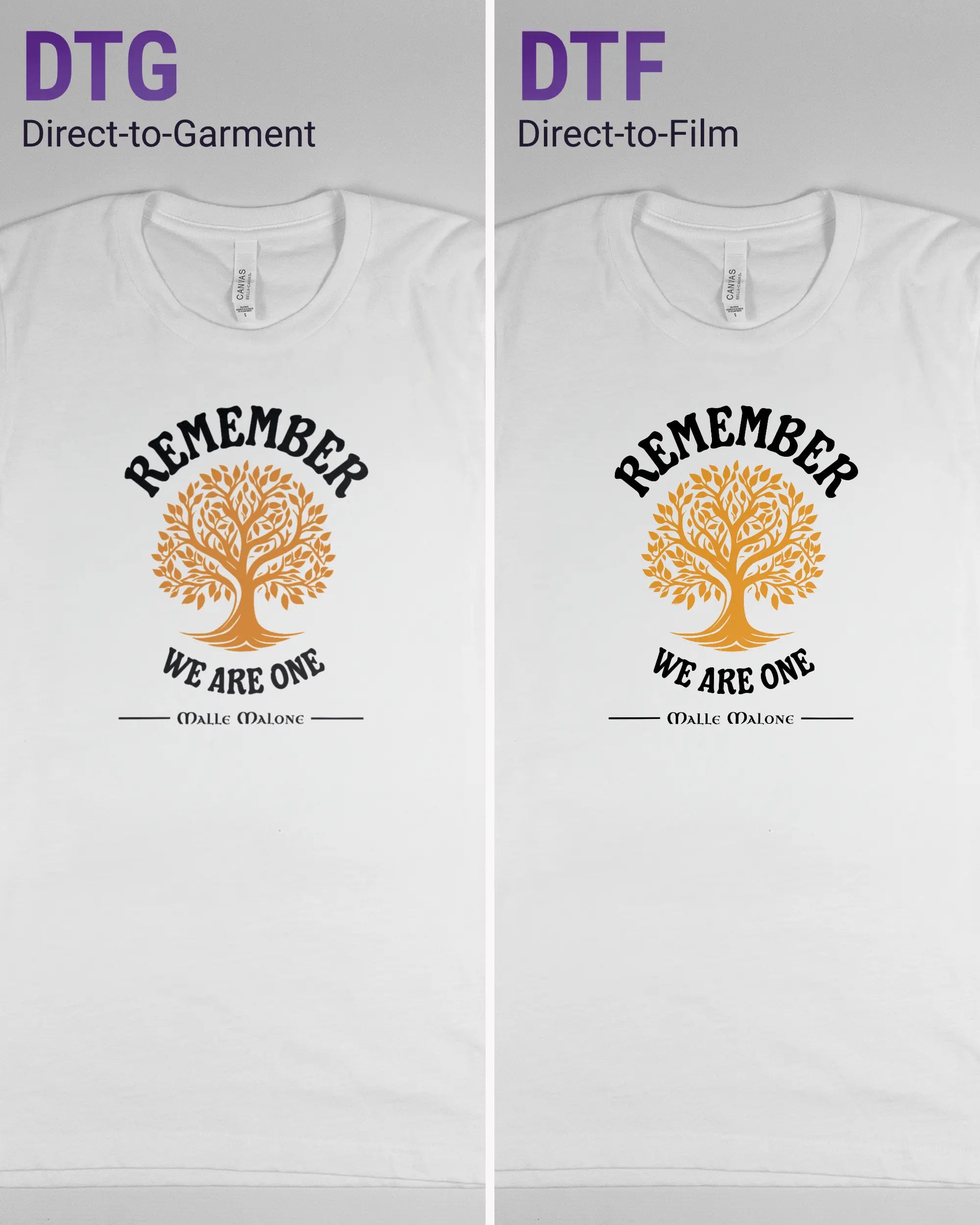 Vergleich der Vorderseiten des Basic Unisex T-Shirt Light von Maondo mit dem Design We are one in der Farbe White und in der Größe S links mit dem Direct-to-Garment und rechts mit dem Direct-to-Film Verfahren