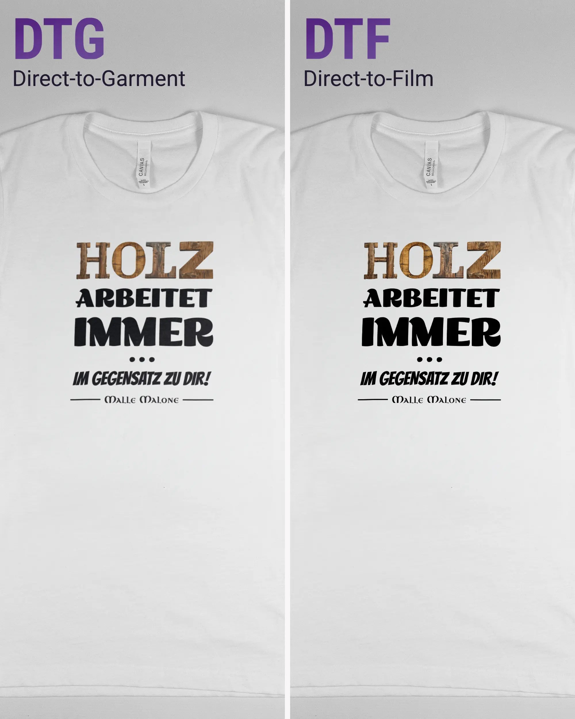 Vergleich der Vorderseiten des Basic Unisex T-Shirt Light von Maondo mit dem Design Holzarbeit in der Farbe White und in der Größe S links mit dem Direct-to-Garment und rechts mit dem Direct-to-Film Verfahren