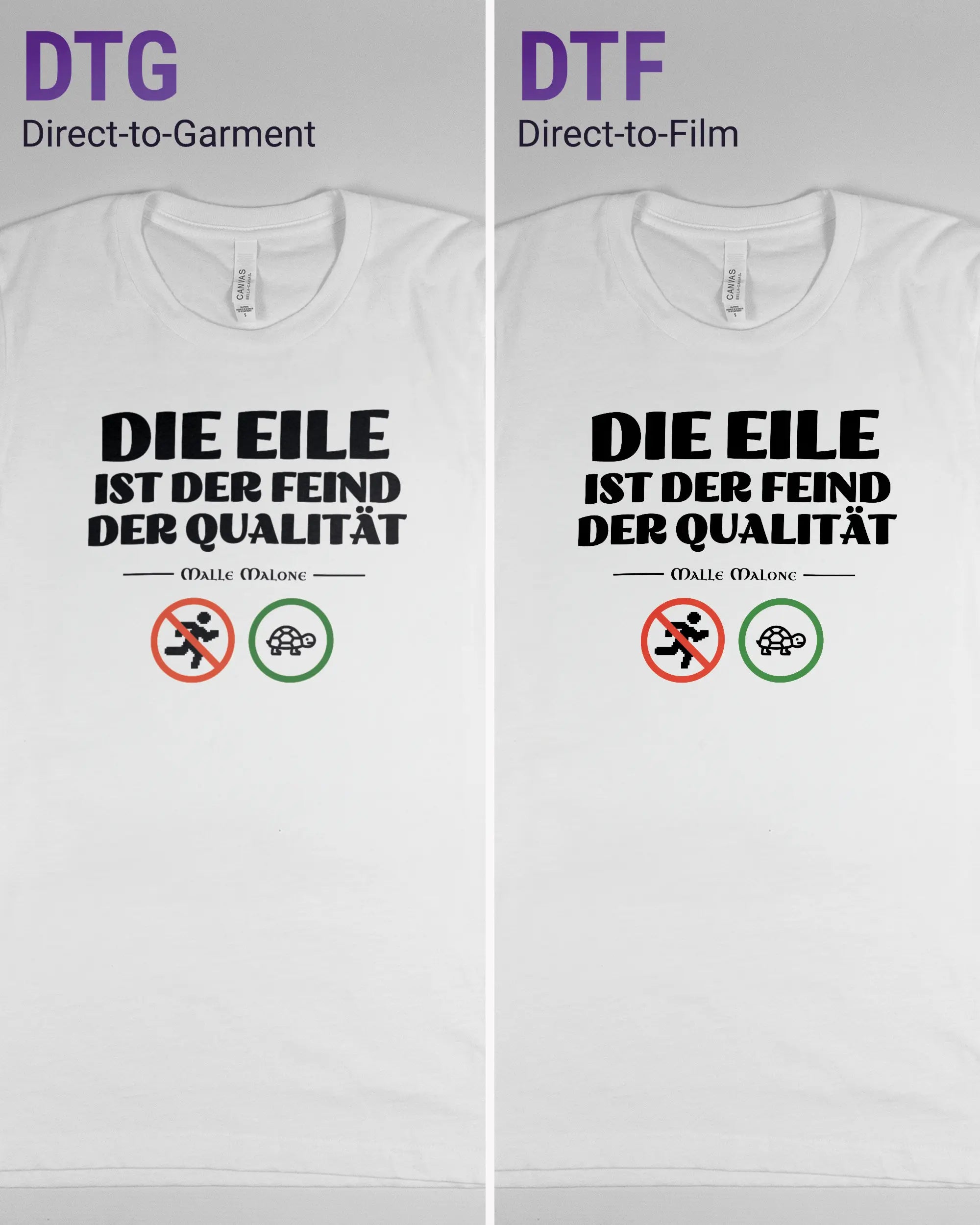 Vergleich der Vorderseiten des Basic Unisex T-Shirt Light von Maondo mit dem Design Keine Eile in der Farbe White und in der Größe S links mit dem Direct-to-Garment und rechts mit dem Direct-to-Film Verfahren