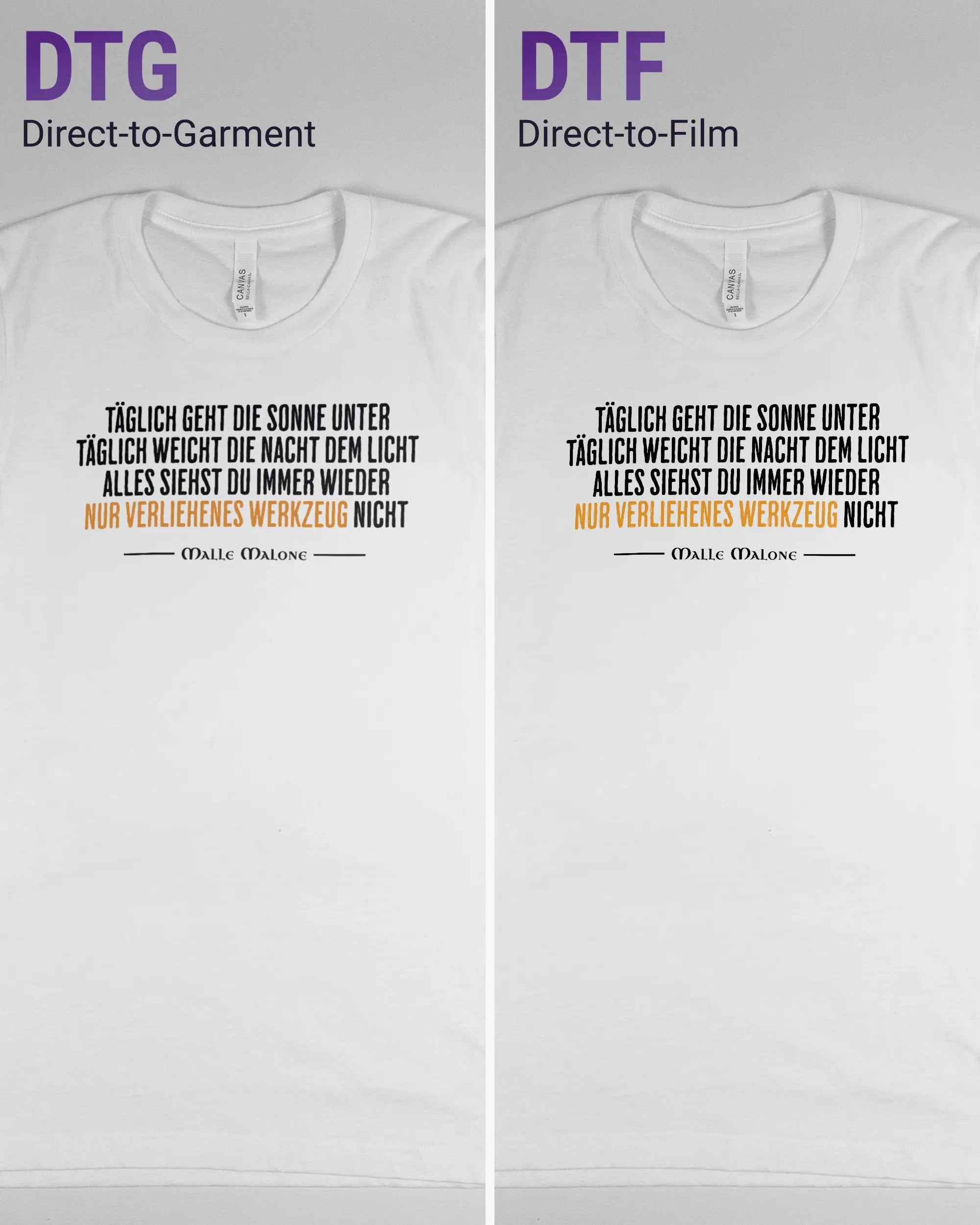 Vergleich der Vorderseiten des Basic Unisex T-Shirt Light von Maondo mit dem Design Wegzeug in der Farbe White und in der Größe S links mit dem Direct-to-Garment und rechts mit dem Direct-to-Film Verfahren