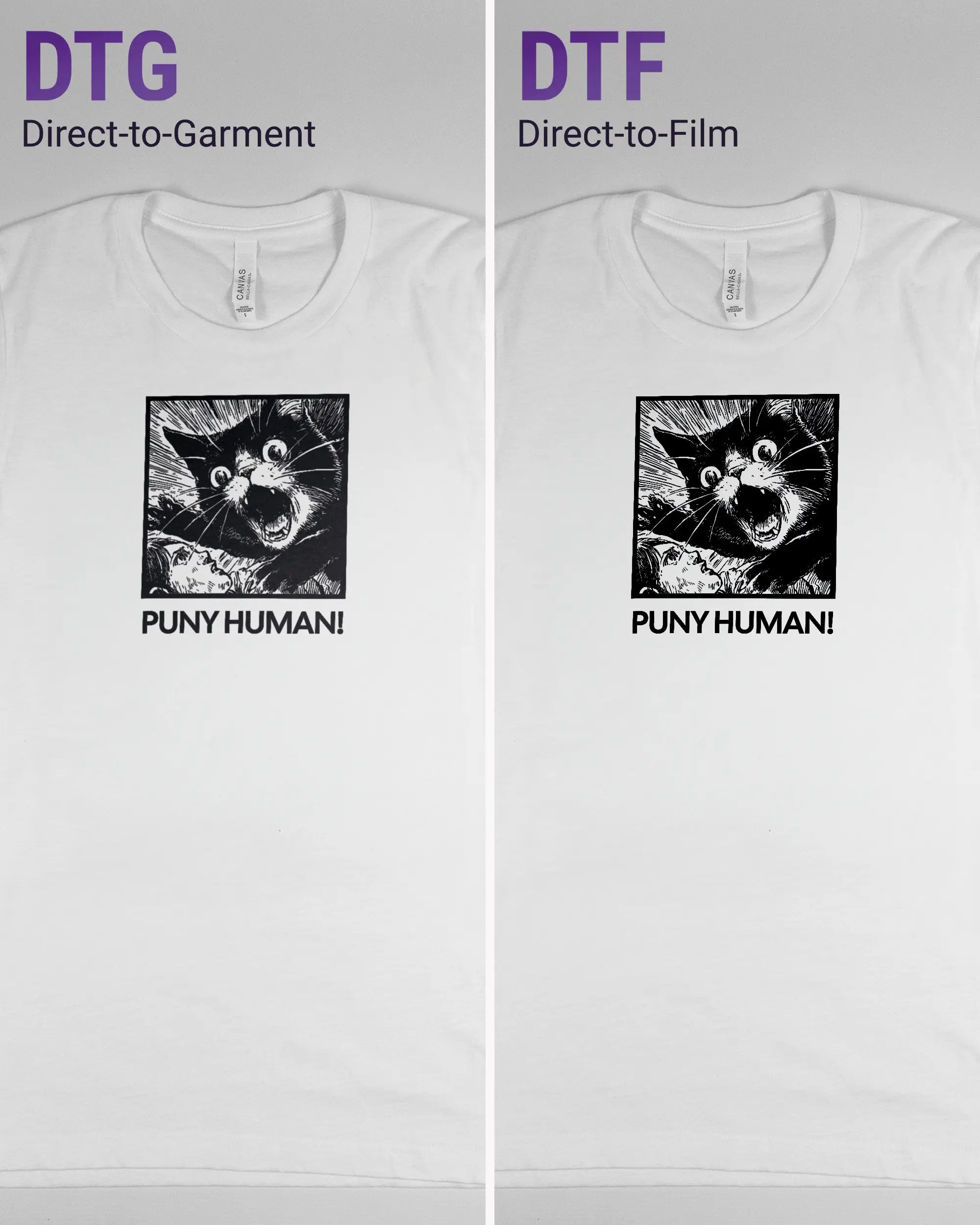 Vergleich der Vorderseiten des Basic Unisex T-Shirt Light von Maondo mit dem Design Puny Human in der Farbe White und in der Größe S links mit dem Direct-to-Garment und rechts mit dem Direct-to-Film Verfahren