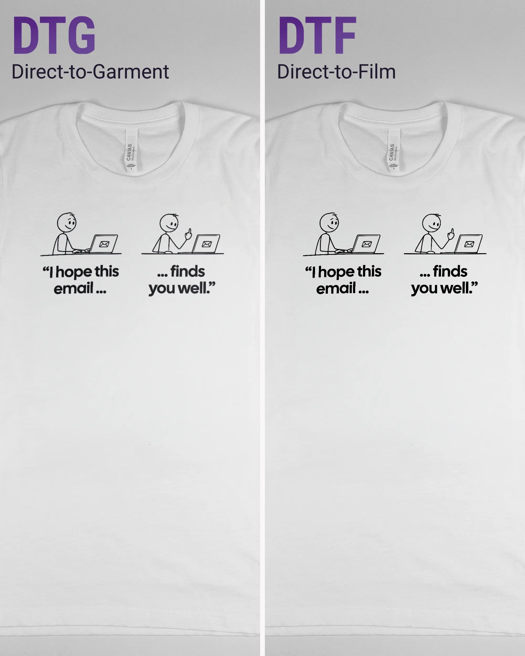 Vergleich der Vorderseiten des Basic Unisex T-Shirt Light von Maondo mit dem Design Found me not well in der Farbe White und in der Größe S links mit dem Direct-to-Garment und rechts mit dem Direct-to-Film Verfahren