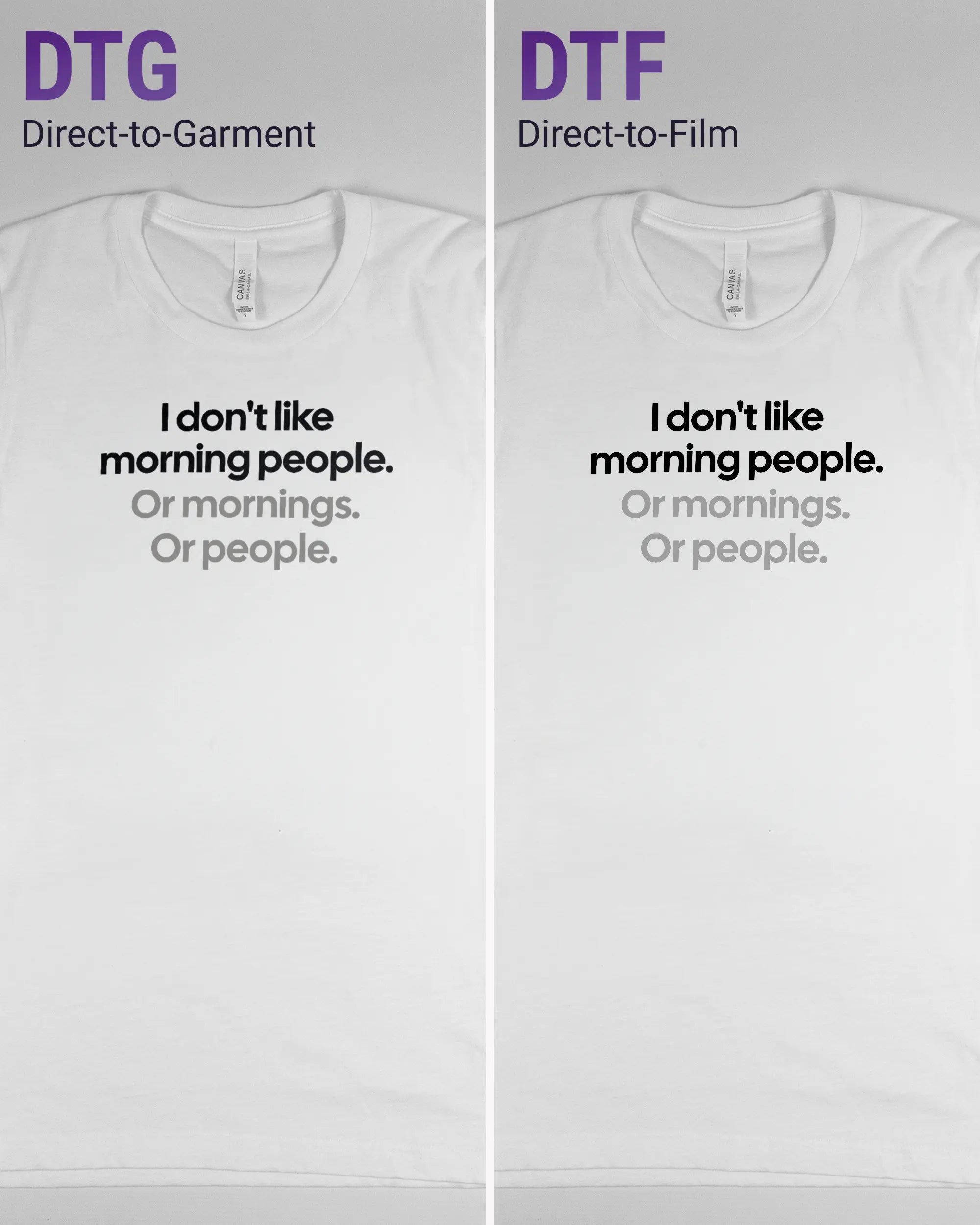 Vergleich der Vorderseiten des Basic Unisex T-Shirt Light von Maondo mit dem Design Morning Person in der Farbe White und in der Größe S links mit dem Direct-to-Garment und rechts mit dem Direct-to-Film Verfahren