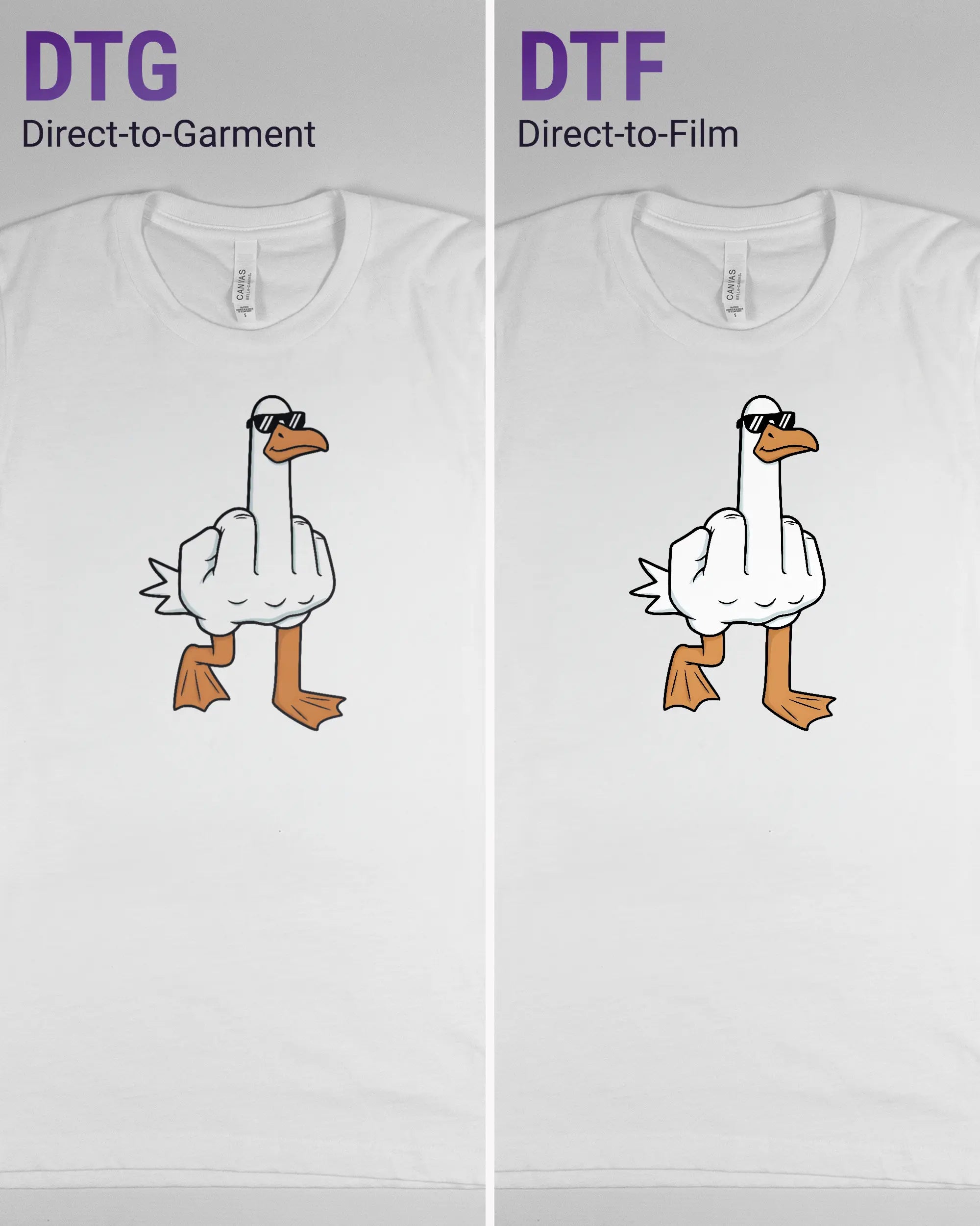 Vergleich der Vorderseiten des Basic Unisex T-Shirt Light von Maondo mit dem Design I give a duck in der Farbe White und in der Größe S links mit dem Direct-to-Garment und rechts mit dem Direct-to-Film Verfahren