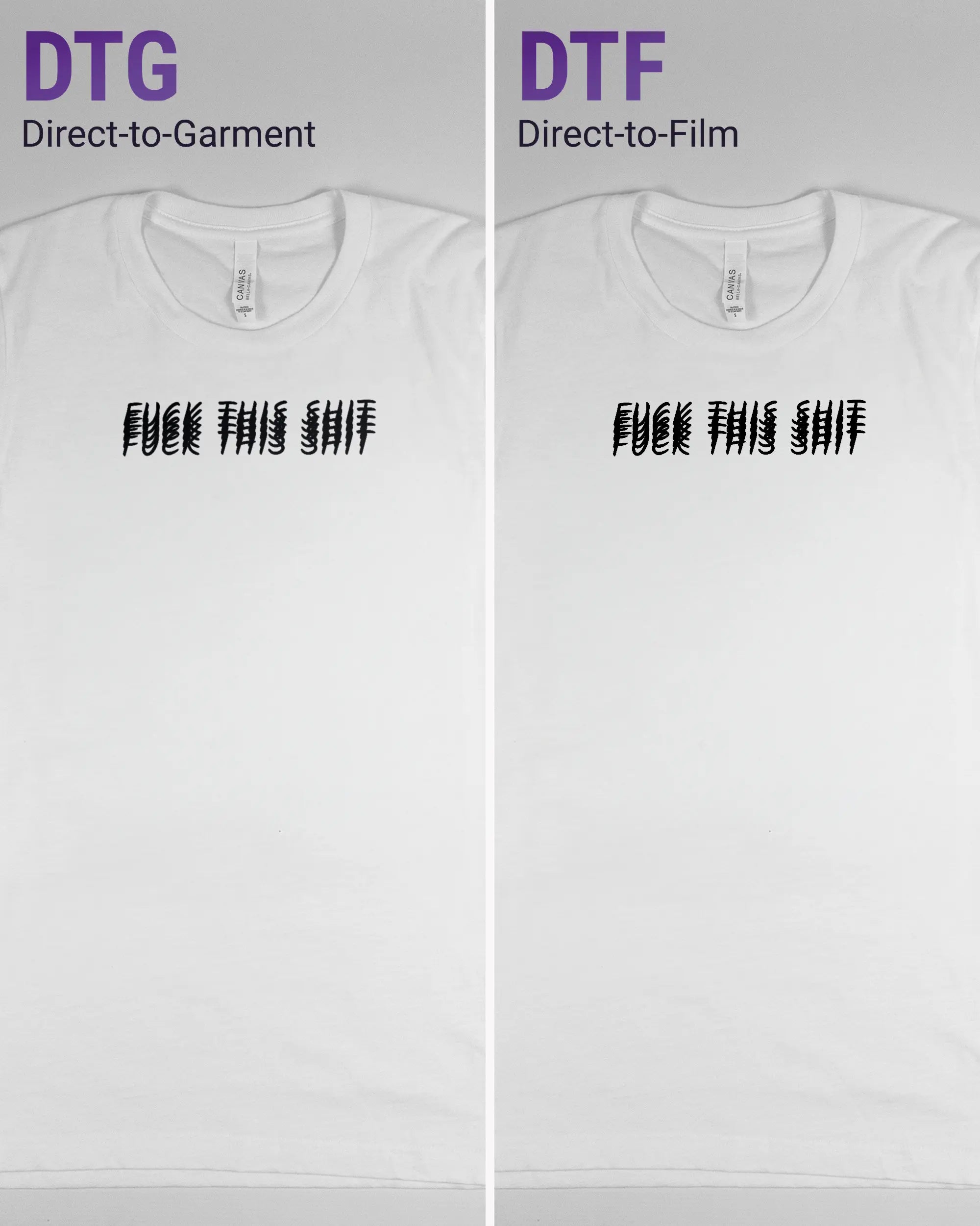 Vergleich der Vorderseiten des Basic Unisex T-Shirt Light von Maondo mit dem Design Hidden Message in der Farbe White und in der Größe S links mit dem Direct-to-Garment und rechts mit dem Direct-to-Film Verfahren