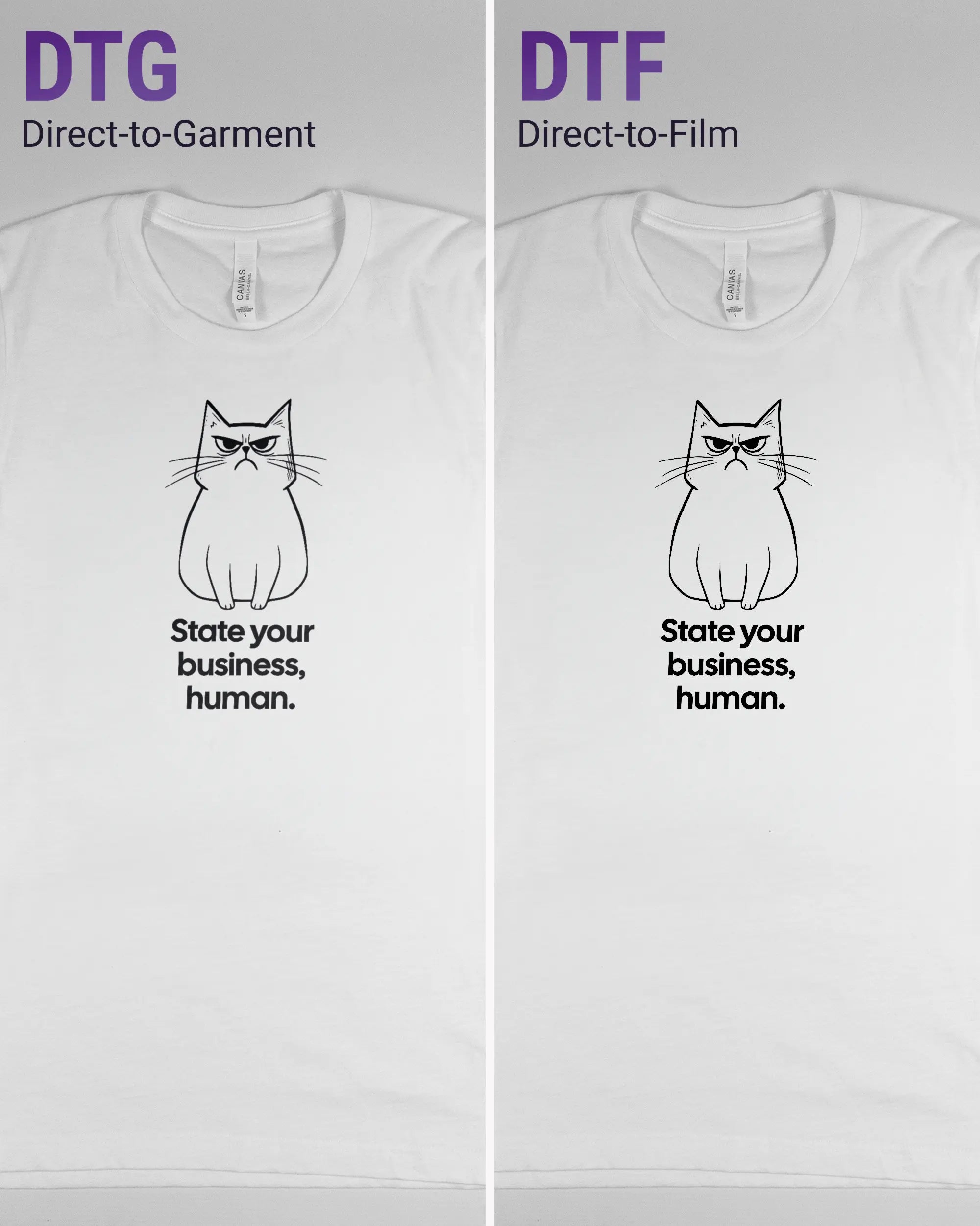 Vergleich der Vorderseiten des Basic Unisex T-Shirt Light von Maondo mit dem Design Grumpy Purr in der Farbe White und in der Größe S links mit dem Direct-to-Garment und rechts mit dem Direct-to-Film Verfahren