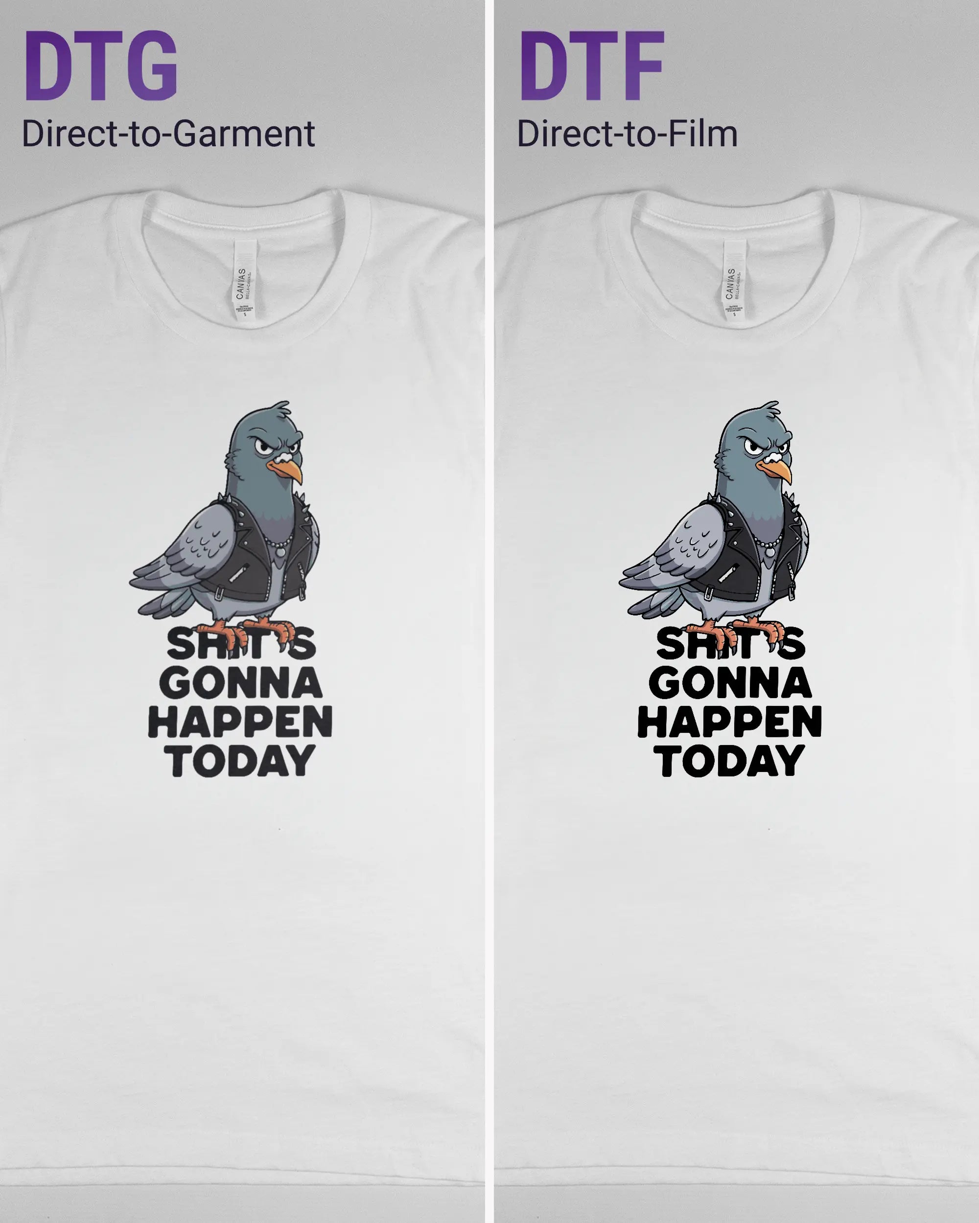 Vergleich der Vorderseiten des Basic Unisex T-Shirt Light von Maondo mit dem Design Pigeon Pun in der Farbe White und in der Größe S links mit dem Direct-to-Garment und rechts mit dem Direct-to-Film Verfahren