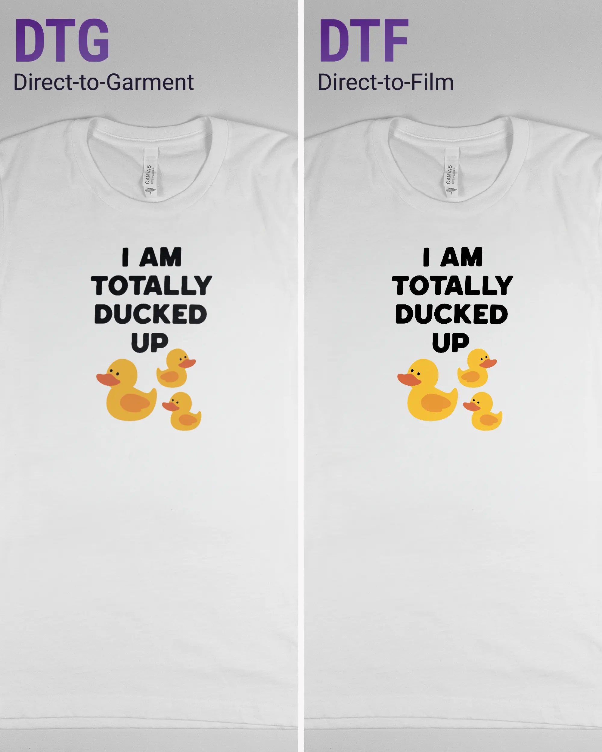 Vergleich der Vorderseiten des Basic Unisex T-Shirt Light von Maondo mit dem Design Ducked Up in der Farbe White und in der Größe S links mit dem Direct-to-Garment und rechts mit dem Direct-to-Film Verfahren