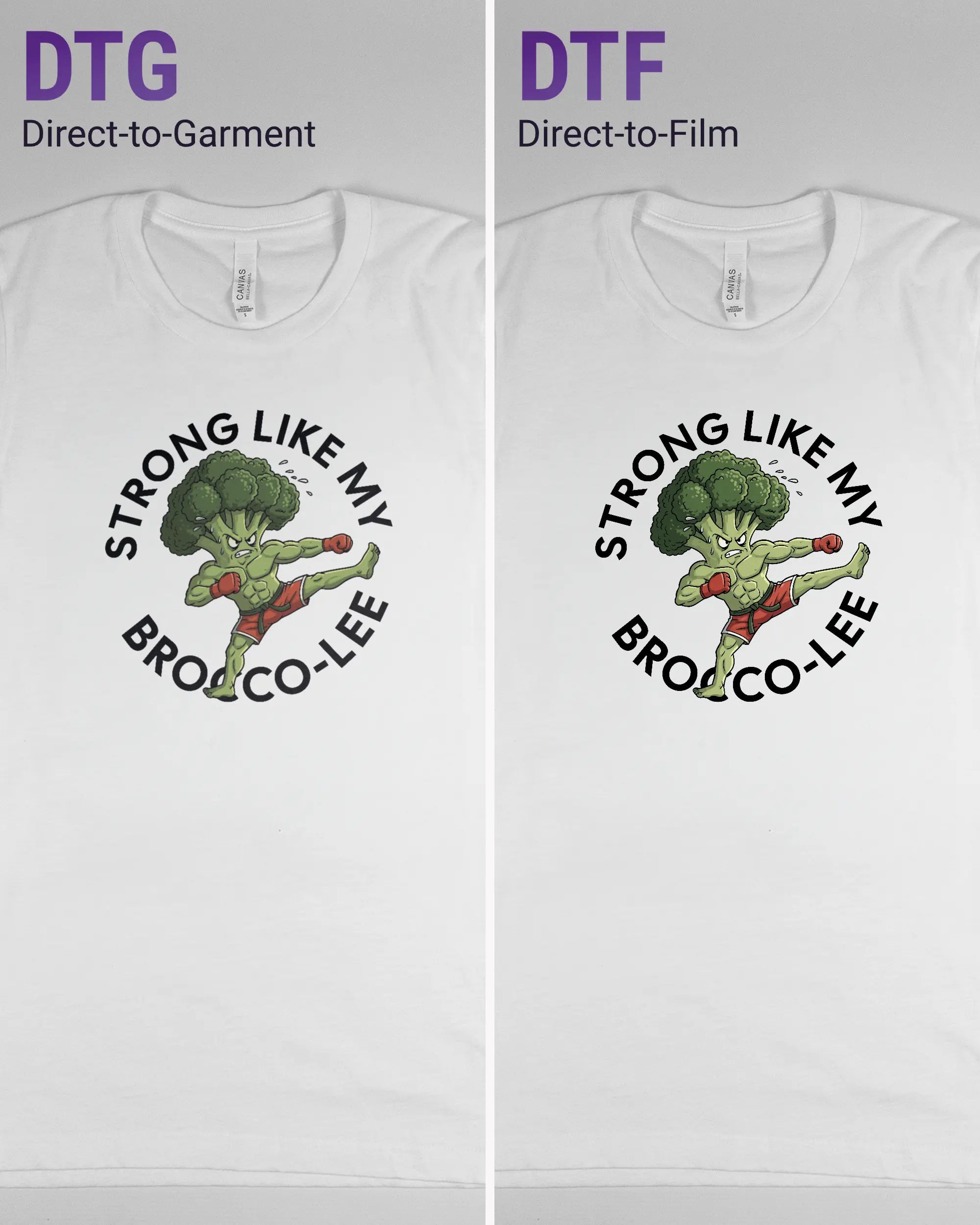 Vergleich der Vorderseiten des Basic Unisex T-Shirt Light von Maondo mit dem Design Brocco-Lee in der Farbe White und in der Größe S links mit dem Direct-to-Garment und rechts mit dem Direct-to-Film Verfahren